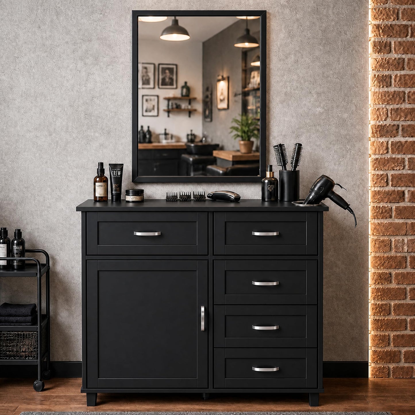 Merax Barber Salon Station with Mirror, Metal Frame Workstation for Salons, Barber Storage Cabinet with Drawers, Desktop Storage Holes, Freestanding Beauty Station for Hair Salon, Black