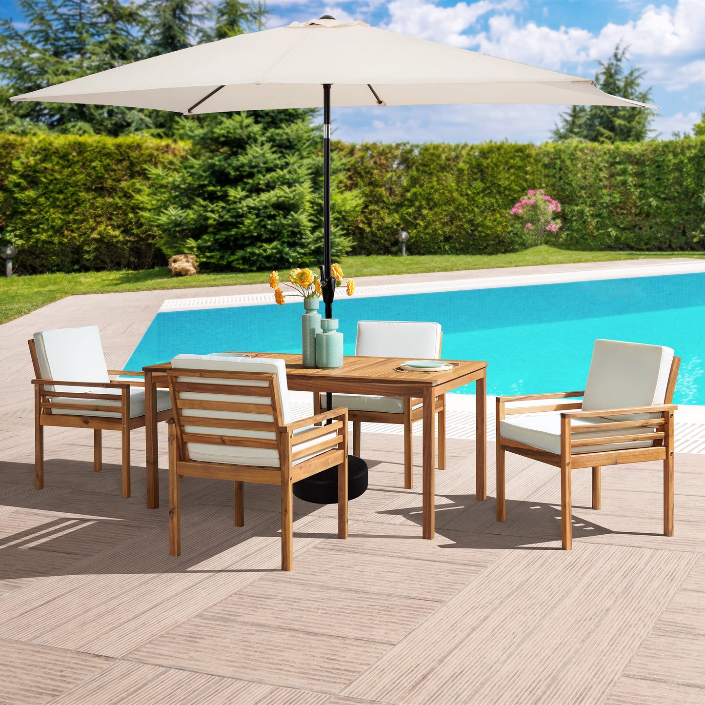 Alaterre Furniture Okemo 6 Piece Outdoor Dining Set with Umbrella - Solid Acacia Wood Outdoor Furniture Set with 63” Patio Table, 4 Patio Chairs and 10ft Rectangular Beige Umbrella