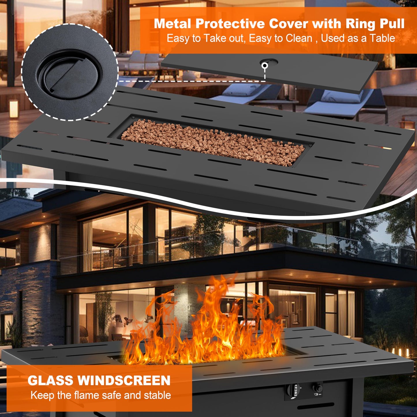 Shintenchi 42" Outdoor Propane Fire Pit 50,000 BTU Gas Fire Pit Table with Lid, Waterproof Cover, Rectangle Gas Firepit Table for Garden/Patio, CSA Certification, Black