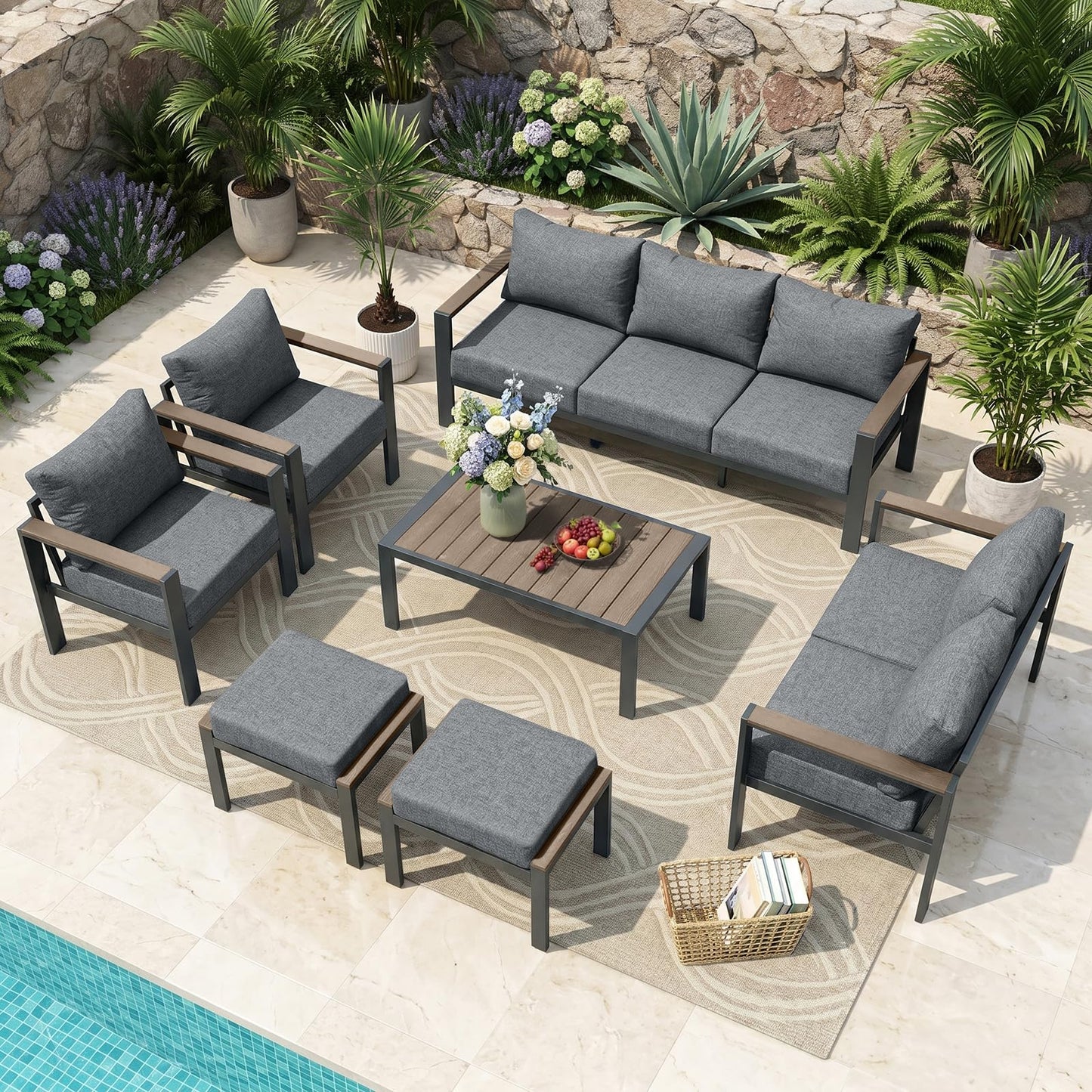 ADRERIC Patio Furniture Set 9 Seats and Coffee Table, 7 Pieces Patio Conversation Set with Thick Cushion, Ottomans, Deluxe Aluminum Modern Outside Sectional for Porch, Balcony, Deck, Yard, Light Gray