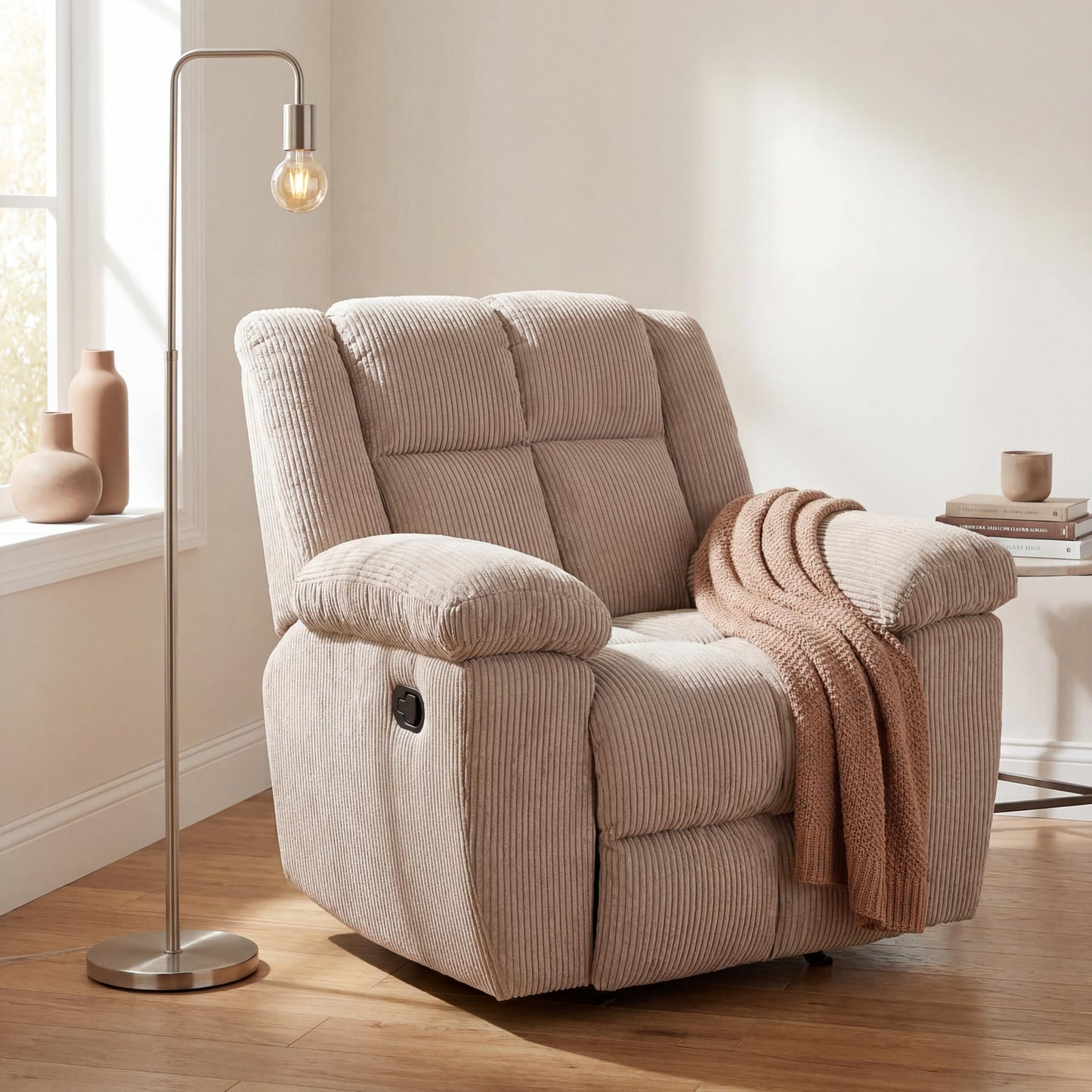 Trygoal Oversized Corduroy Recliner Chair, Manual Lazy Boy Recliner with Home Theater Seating, Breathable Living Room Reclining Chair for Adults Reading, Gaming, Relax, White