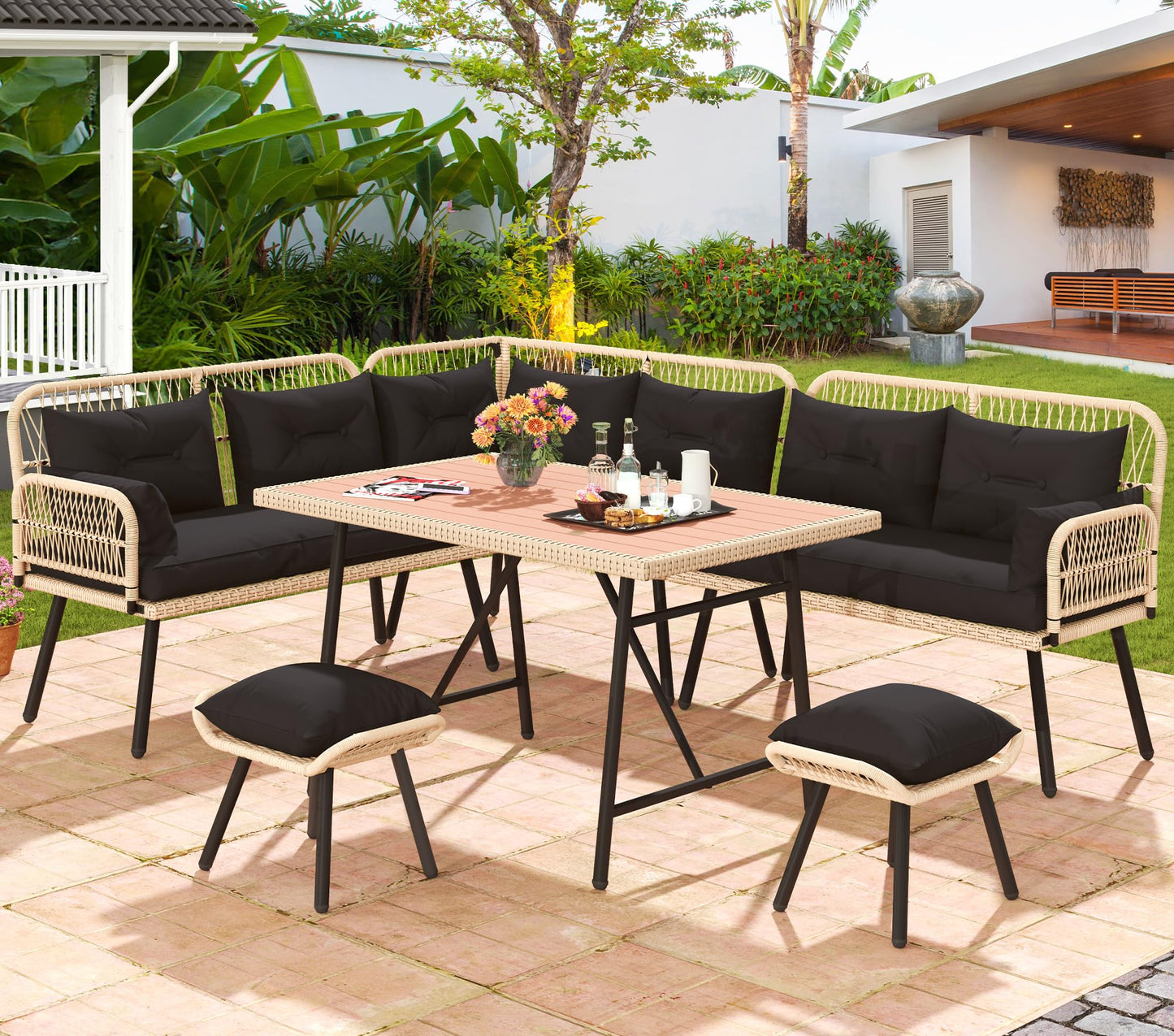 DWVO 9-Piece Patio Furniture Set Couch L Shape Outdoor Couch with Soft Cushions, Ottomans & Dining Table All-Weather Rattan Patio Conversation Set Outdoor Patio Sectional for Backyard Garden