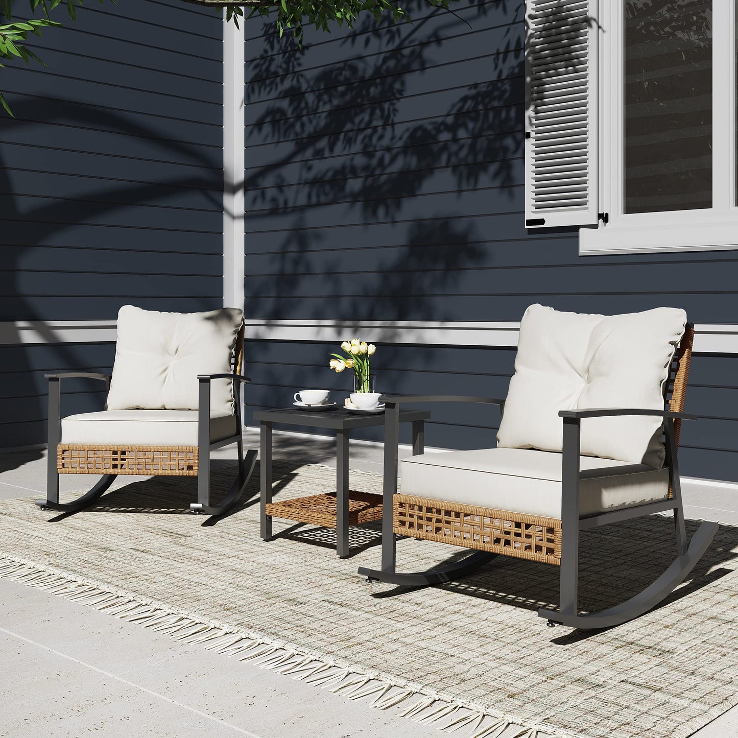 EO Living 3 Piece Rocking Patio Bistro Set, Outdoor Bistro Sets Wicker Patio Furniture Rocking Chairs Sectional Couch and 2-Tier Coffee Table for Garden, Balcony, Backyard (Beige)