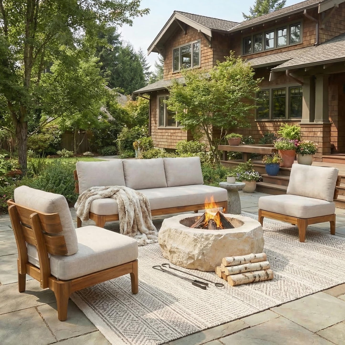 Christopher Knight Home James Patio Furniture Set with 3 Seater Sofa and 2 Club Chairs, Wooden Conversation Sofa Set with Cushions, Outdoor Lounge Chairs for Backyard Balcony Poolside, Teak+ Beige