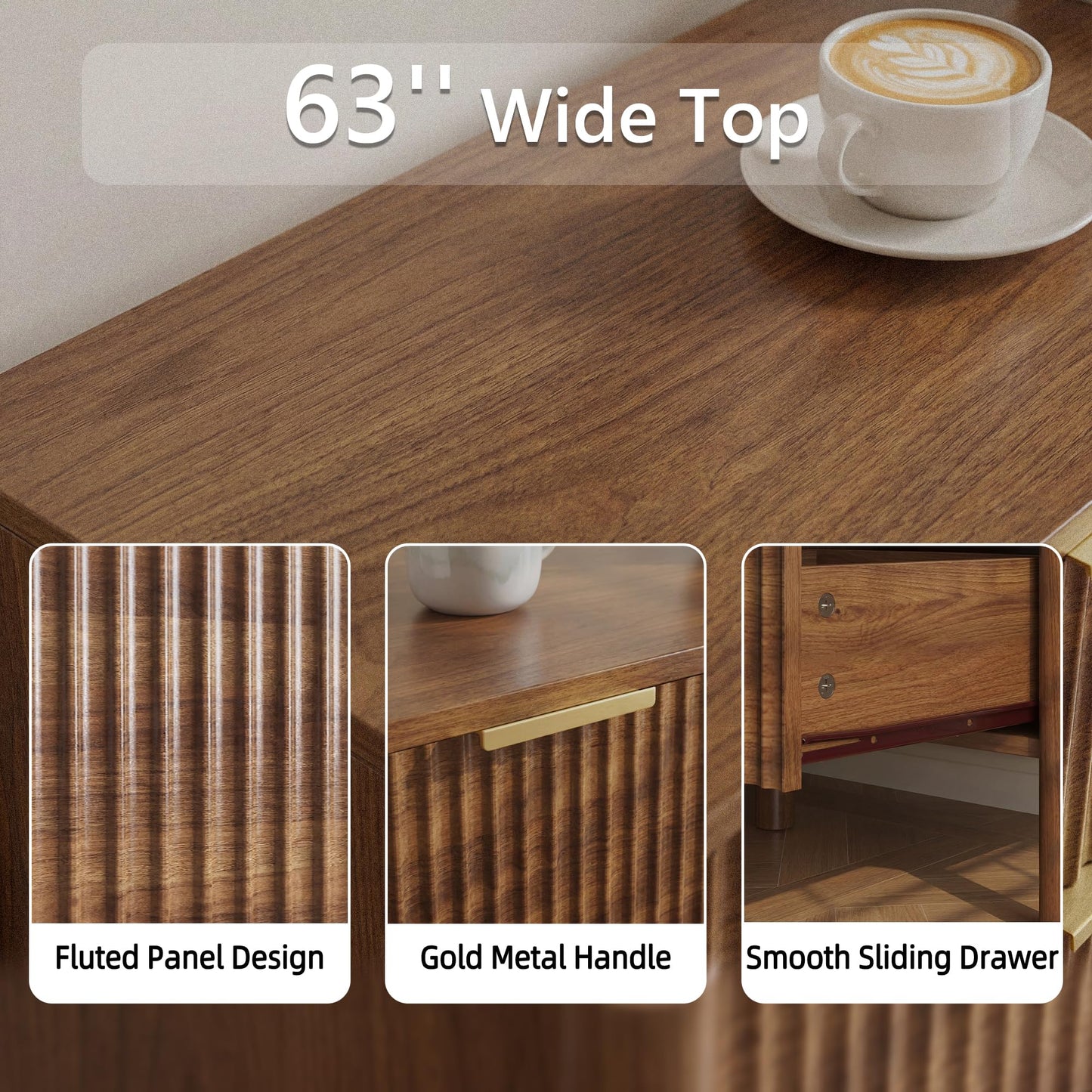 CHUWELL Fluted Walnut Dresser for Bedroom, 63" Wide Mid Century Modern Chest of Drawers with 4 Solid Wood Cylindrical Legs & Gold Metal Handles, 9 Drawer Large Dresser for Bedroom