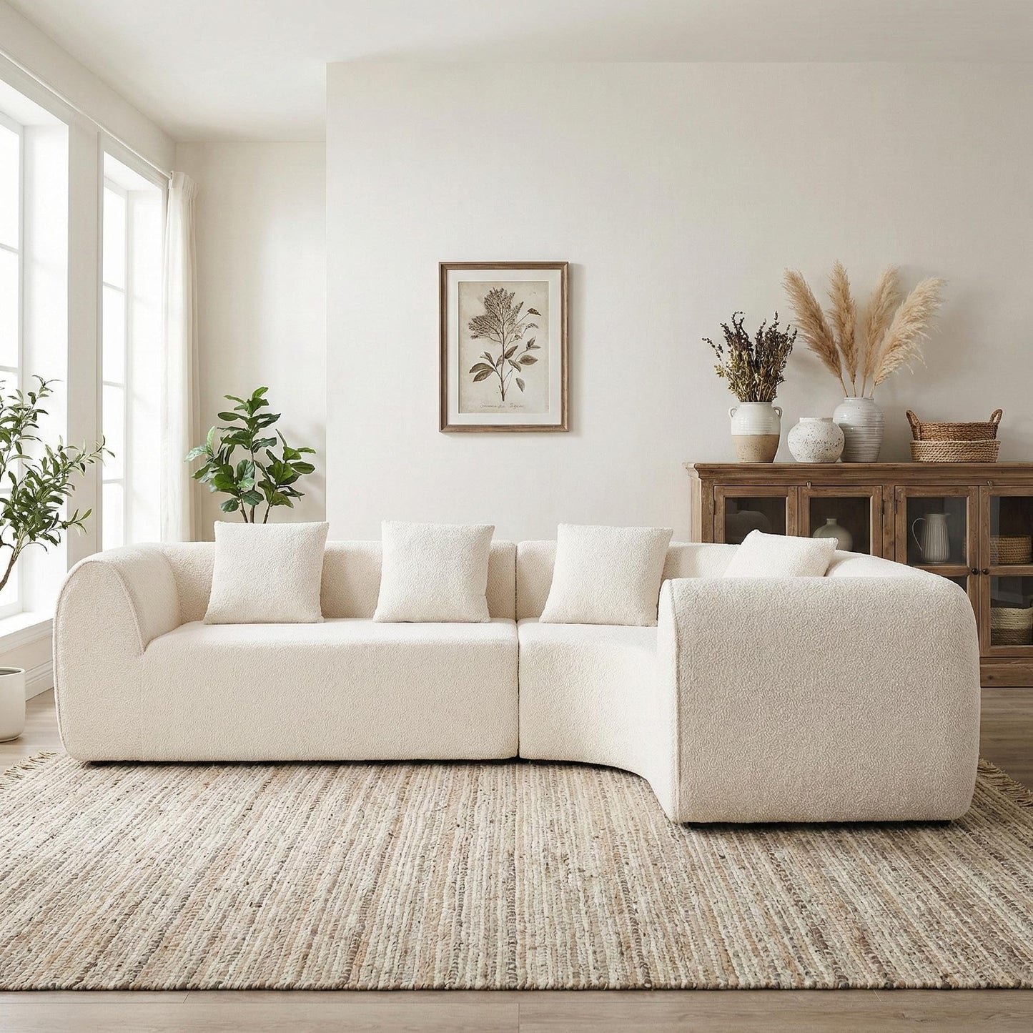 Christopher Knight Home Reiss 110" Curved Modular Sectional Sofa, Comfy Sofa Couch with Chaise Lounge, Modern Cloud Couch with Deep Seat, Fabric Upholstered Set for Living Room Bedroom, White