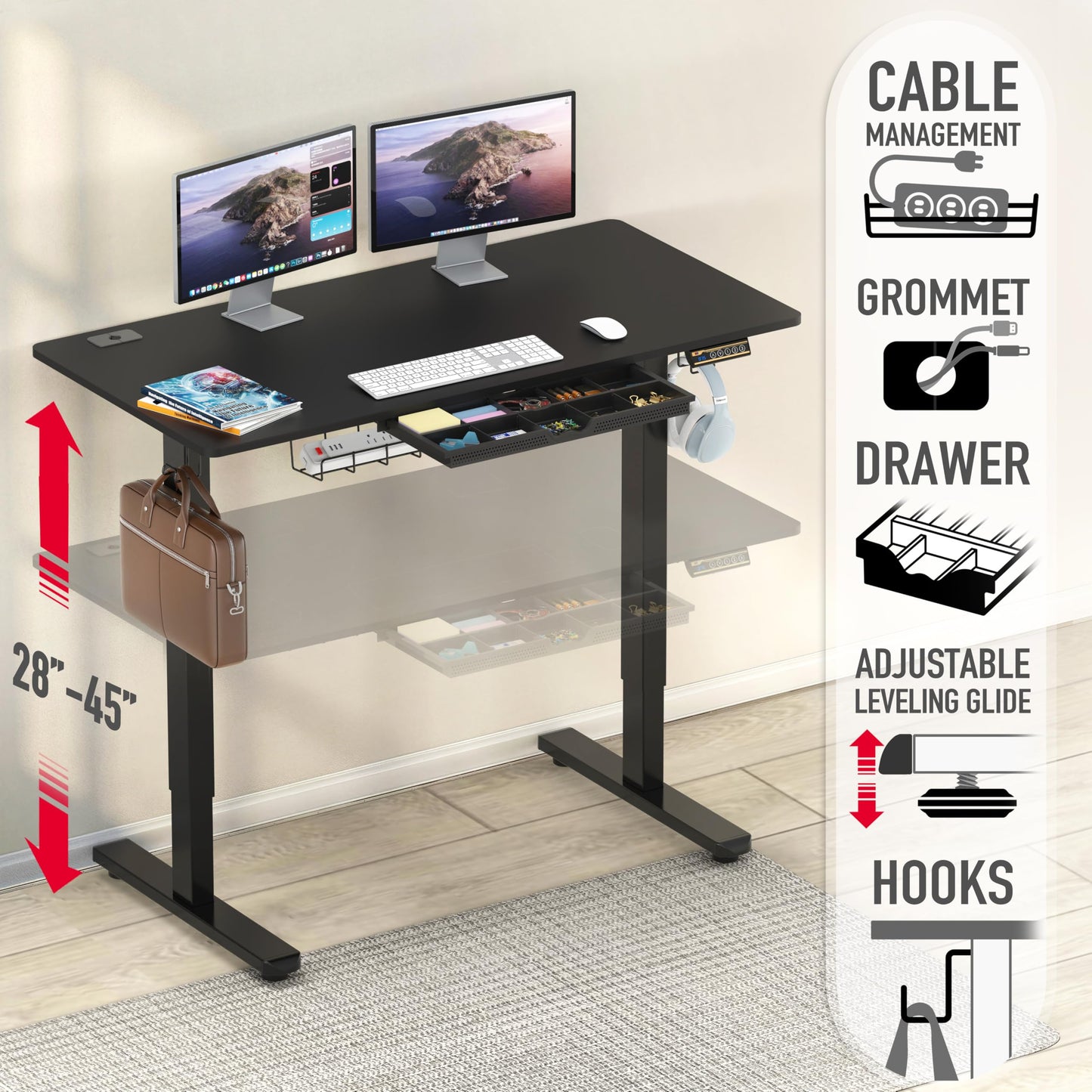 SHW 48-Inch Electric Height Adjustable Standing Desk with Drawer, Memory Preset and Cable Management Tray, Black
