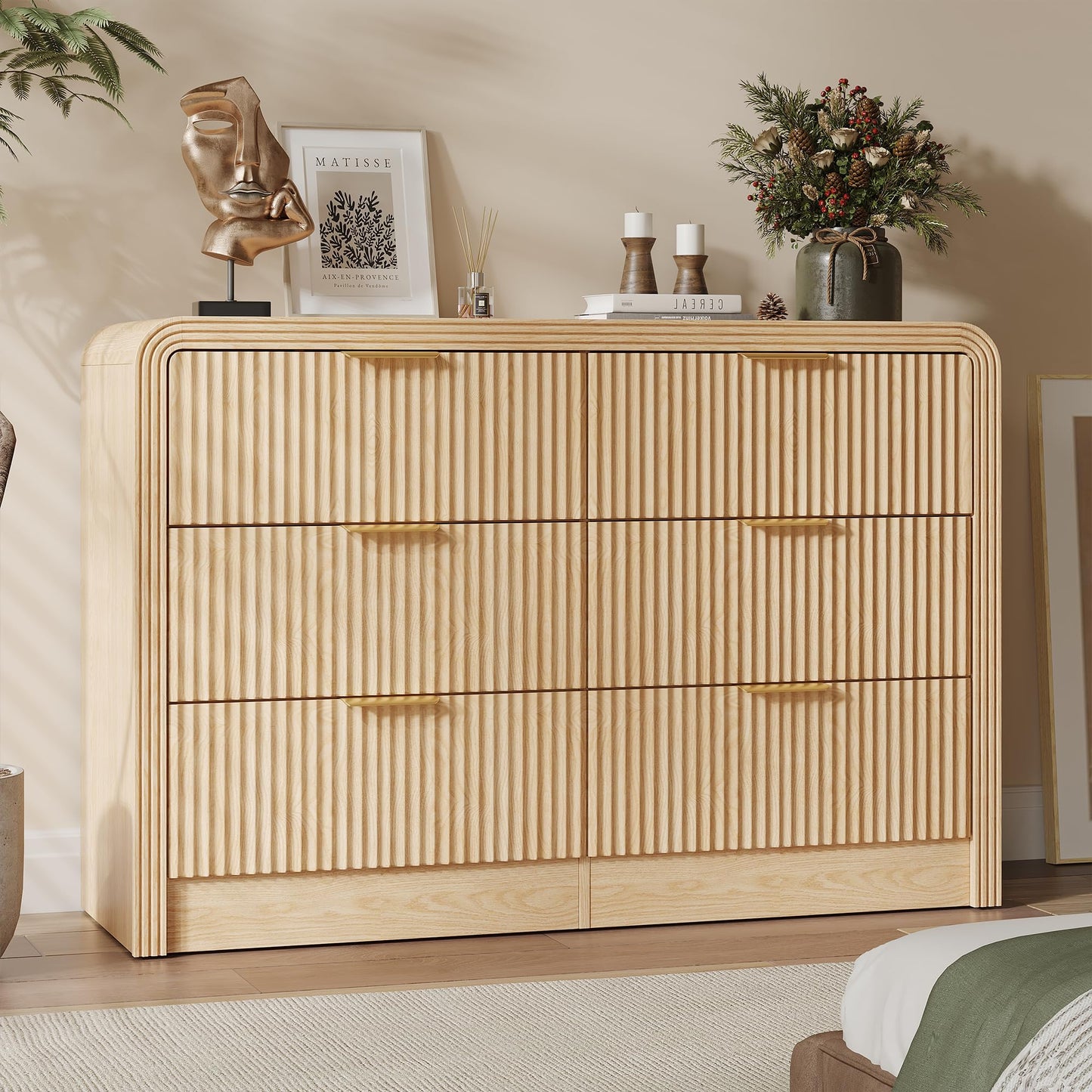 Decofy Fluted Drawers Dresser for Bedroom, Wood Dressers with Gold Handles, Modern Dressers with Wave Texture, Large Storage Chest of Drawers, Bedroom Dresser Organizer 47'' & 6 Drawers (Natural Oak)