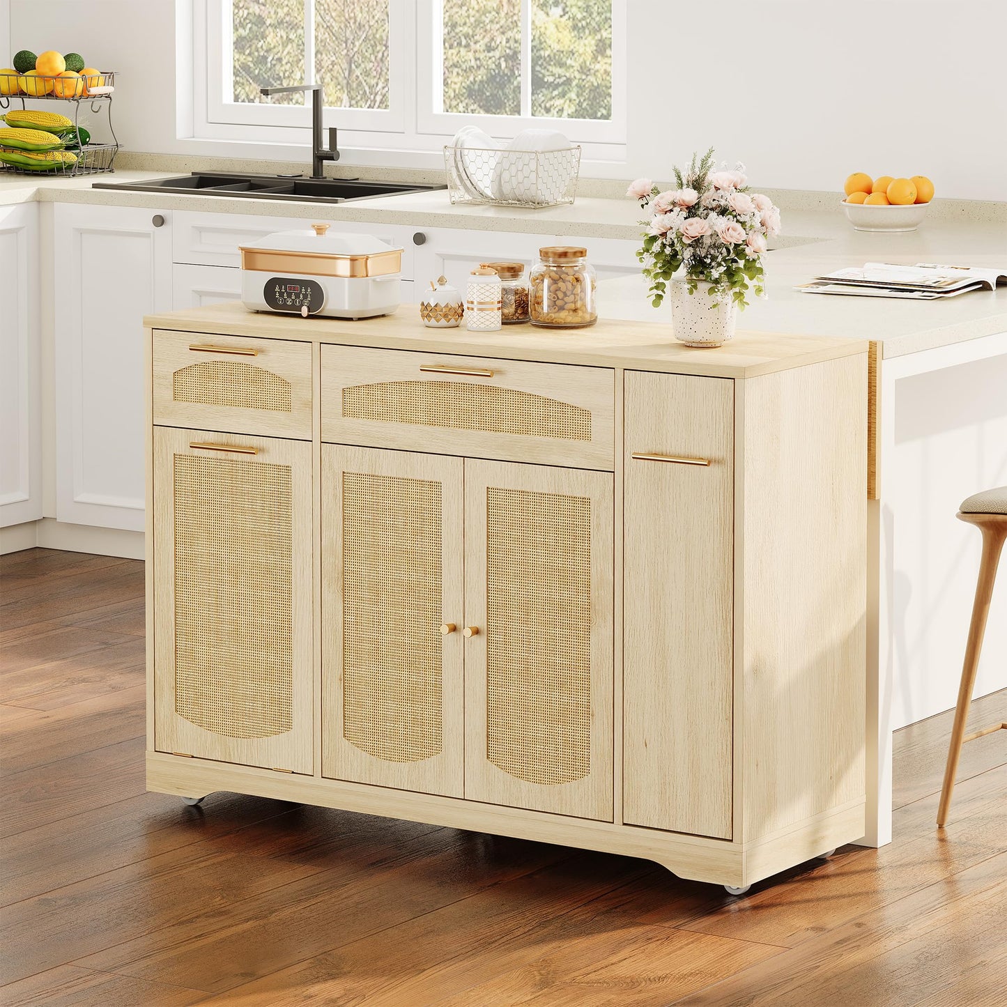 GAOMON 53.1" Kitchen Island on Wheels, Rattan Rolling Kitchen Island Cart with Drop Leaf Breakfast Bar, Tilt Out Trash Can Cabinet, Storage Cabinet, Drawer, Tower Rack, Kitchen Cart (Natural)