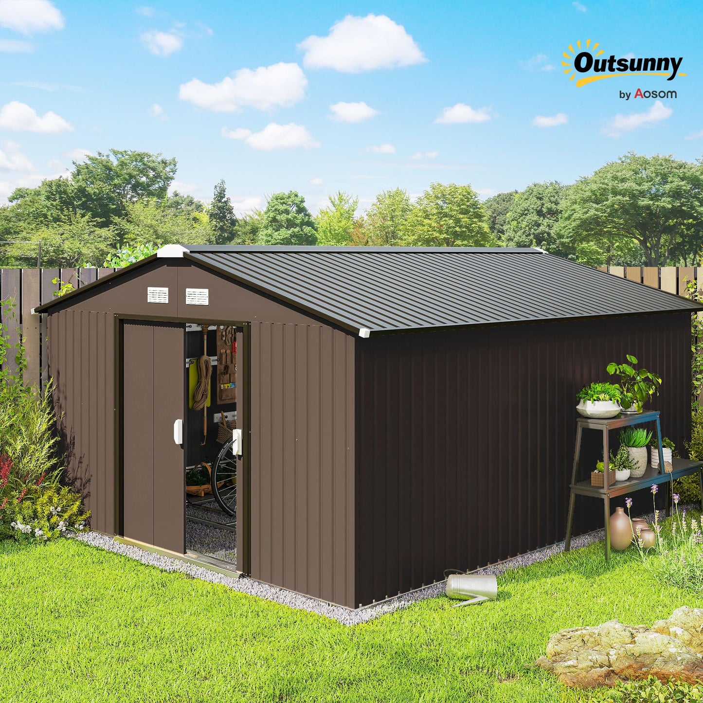 Outsunny 11' x 13' Outdoor Storage Shed, Garden Tool Metal Shed with Foundation Kit, Double Lockable Door, Air Vents and Sloping Roof, for Backyard, Patio, Lawn, Brown