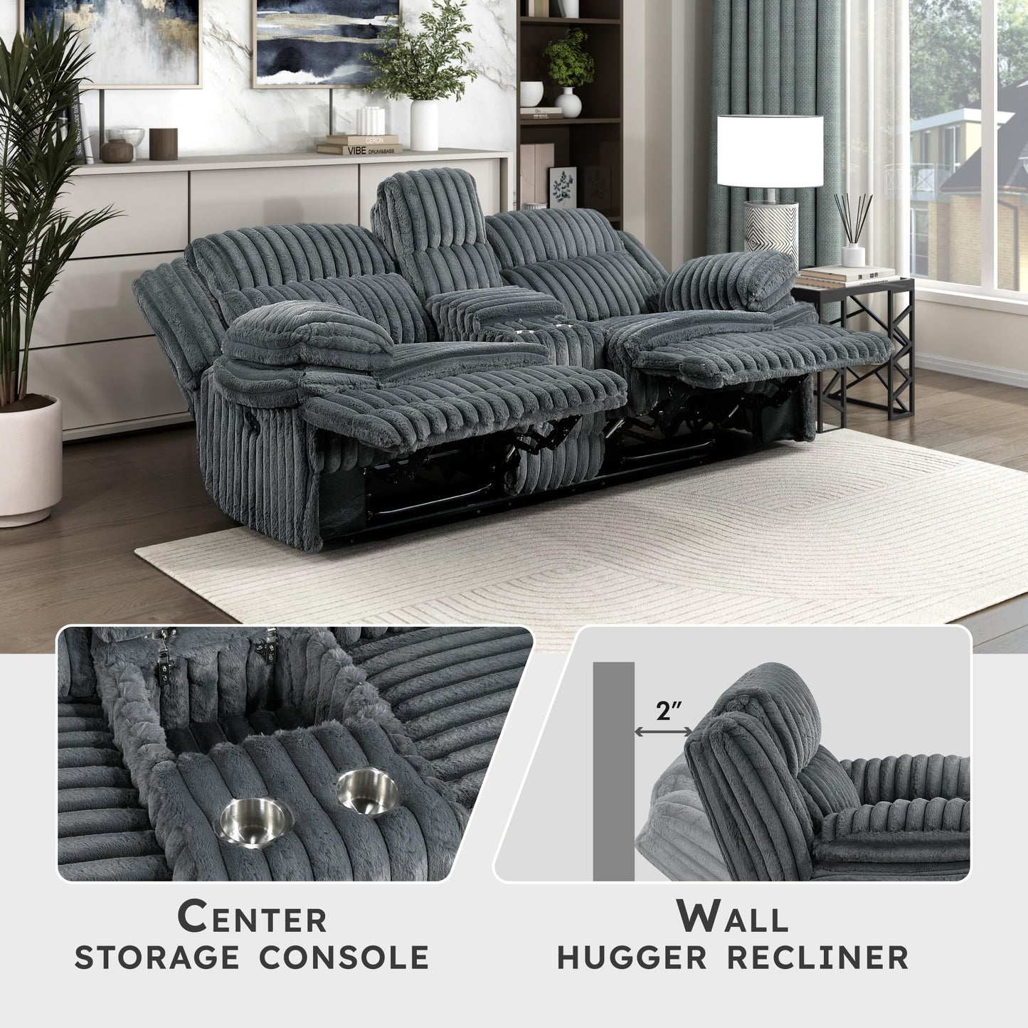 Lexicon Manual Double Reclining Loveseat with Center Console, Corduroy Manual Wall Hugger Recliner Couch, Pillow Top Arms, Cup Holders, Hidden Storage, Cozy Loveseat for Living Room, Dark Gray