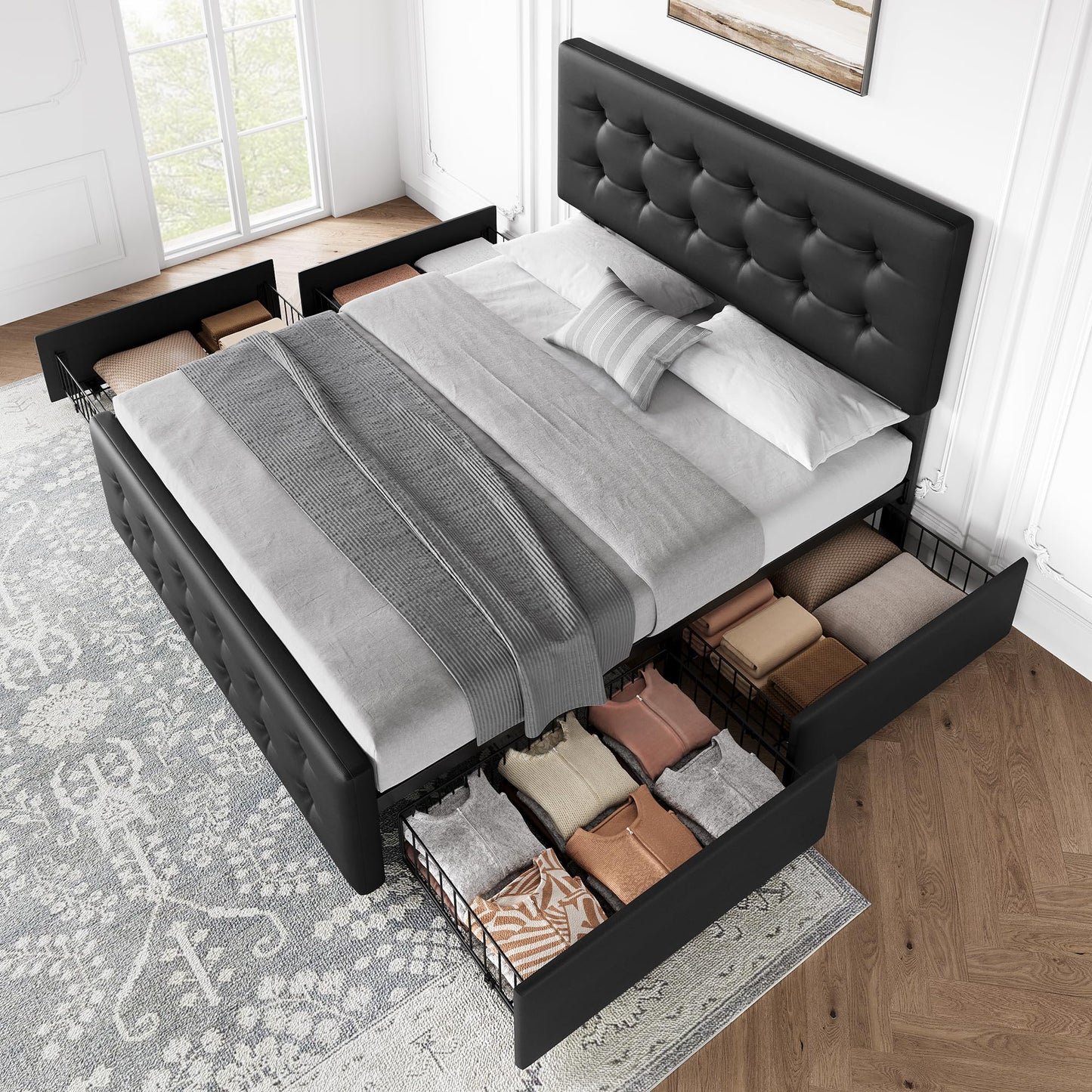 IDEALHOUSE Queen Size Bed Frame with 4 Storage Drawers and Headboard, Faux Leather Upholstered Platform Bed Frame with Wooden Slats Support, Button Tufted Design, No Box Spring Needed, Black