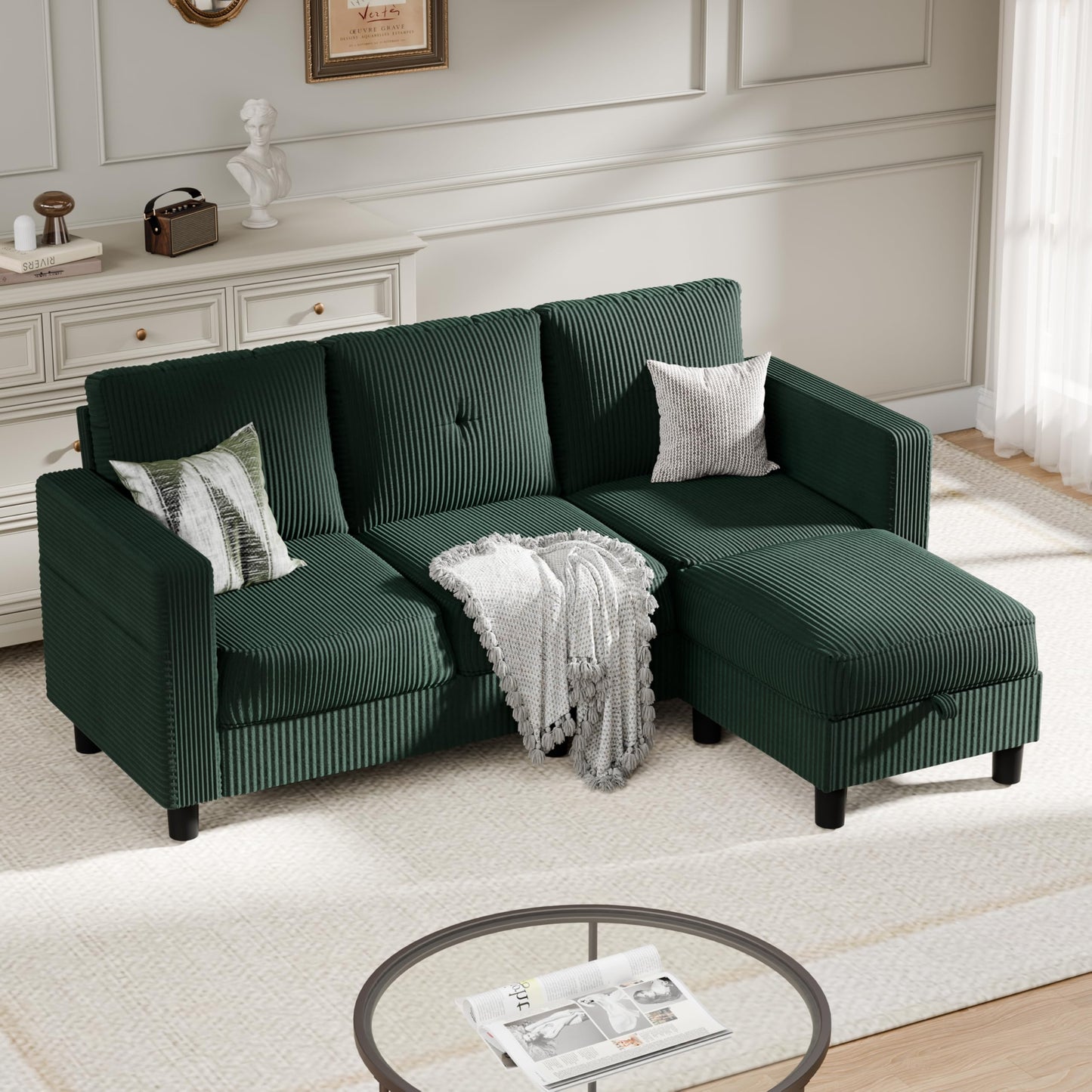 SUNLEI Convertible Sectional Sofa Couch, 3 Seat L-Shaped Sofa with Removable Ottoman Storage, L-Shaped Small Couch for Living Room, Olive Green