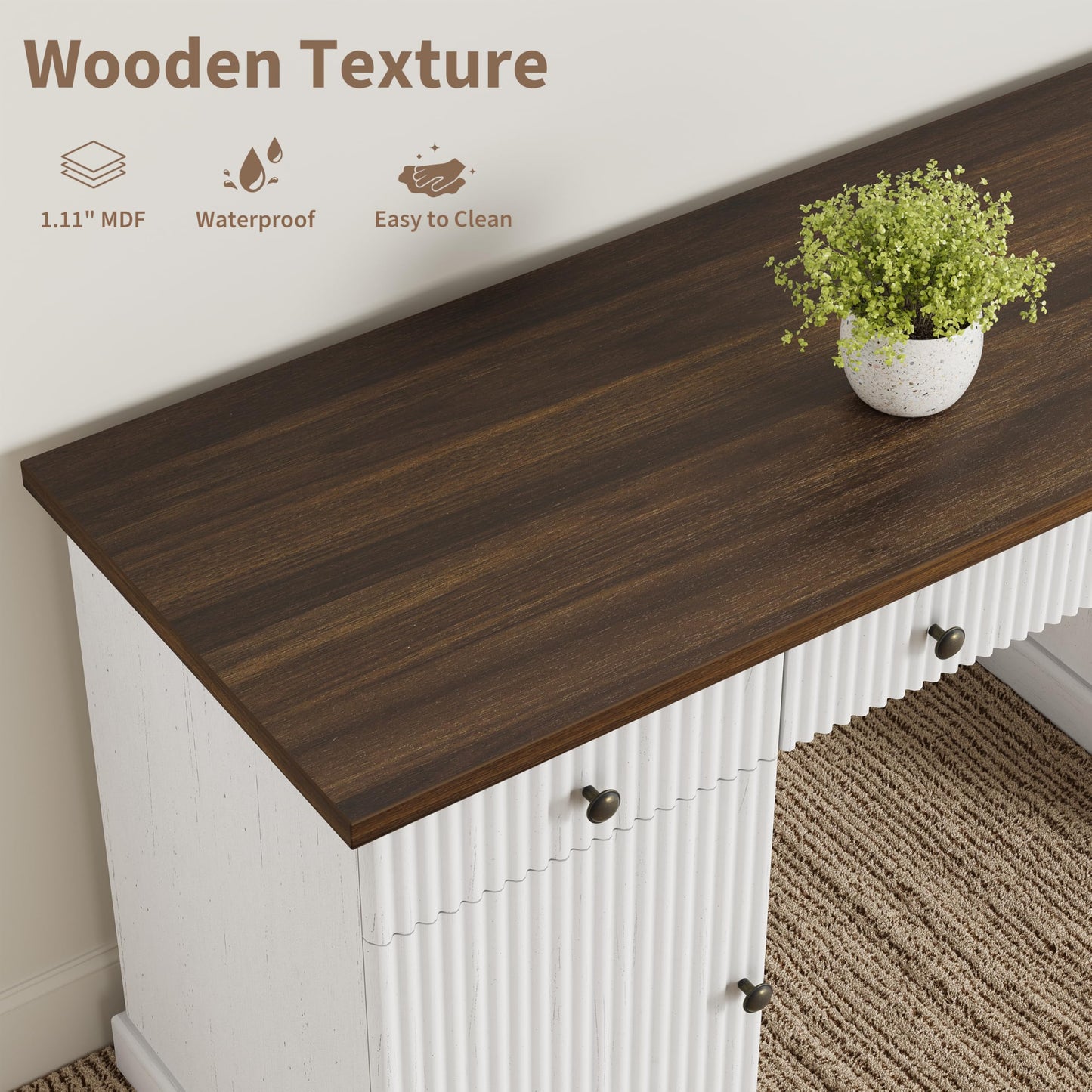 Garvee 60" Office Desk with Storage Cabinet & Drawers. Fluted Wood Computer Desk with Power Outlet & Adjustable Shelves.Modern Executive Desk for Home Office/Bedroom/Gaming-White