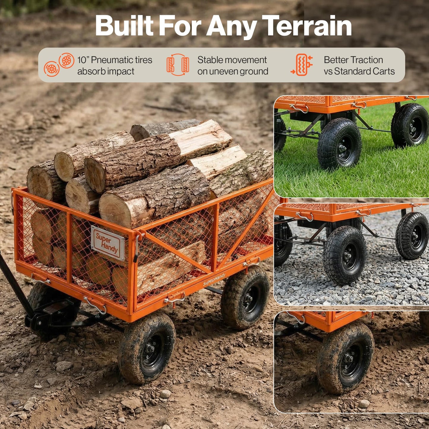 SuperHandy Electric-Assist Garden Cart - 5.7 Cubic Ft Utility Wagon, 440lbs Load, All-Terrain 10in Wheels, Anti-Rust Steel Frame, Convertible Flatbed Design