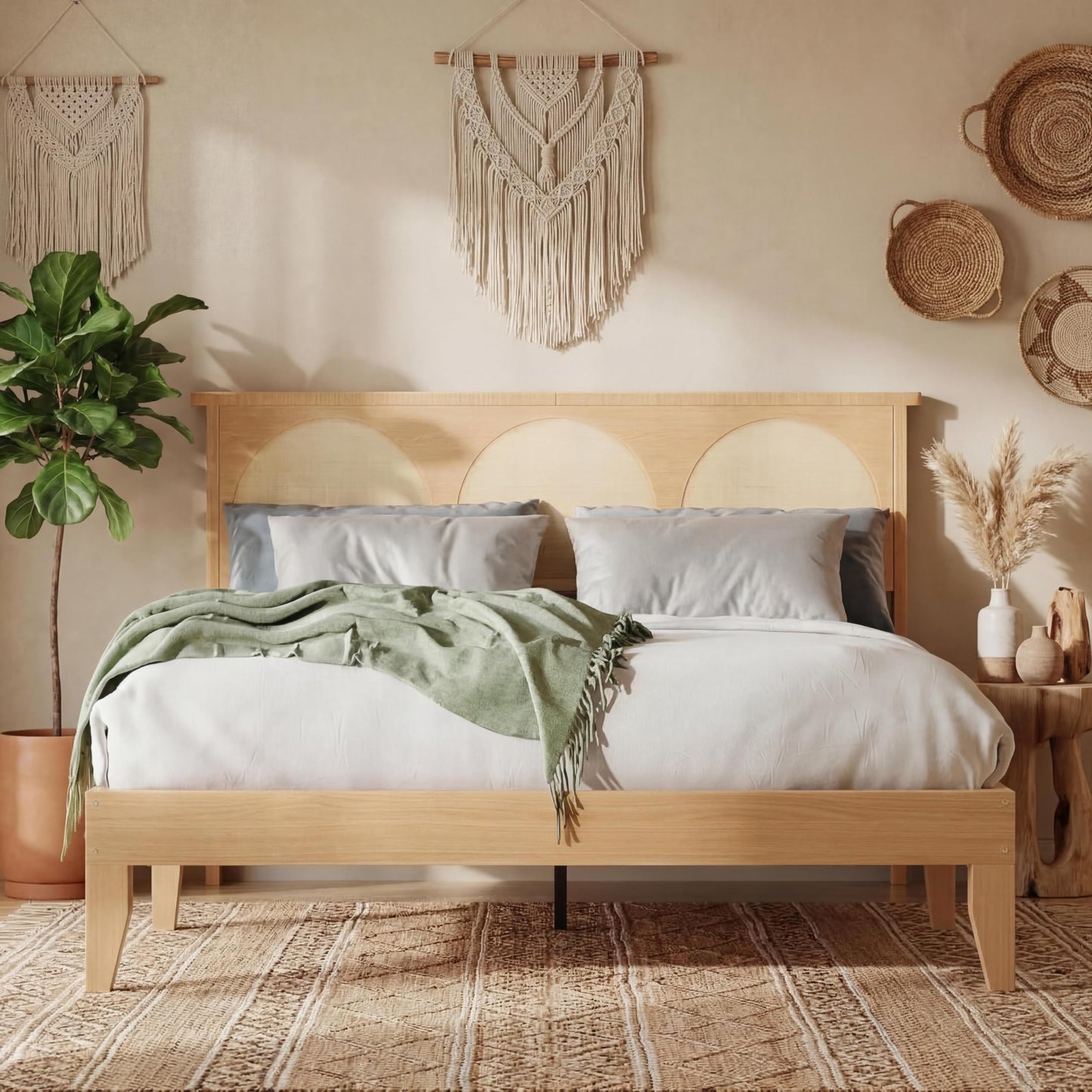 GarveeLife Rattan Bed Frame with Headboard, Wooden Platform Bed Frame Queen Size with Smart RGB LED Storage Headboard, Boho Wood Bed Frame No Box Spring Needed, Under Bed Storage, Easy Assembly