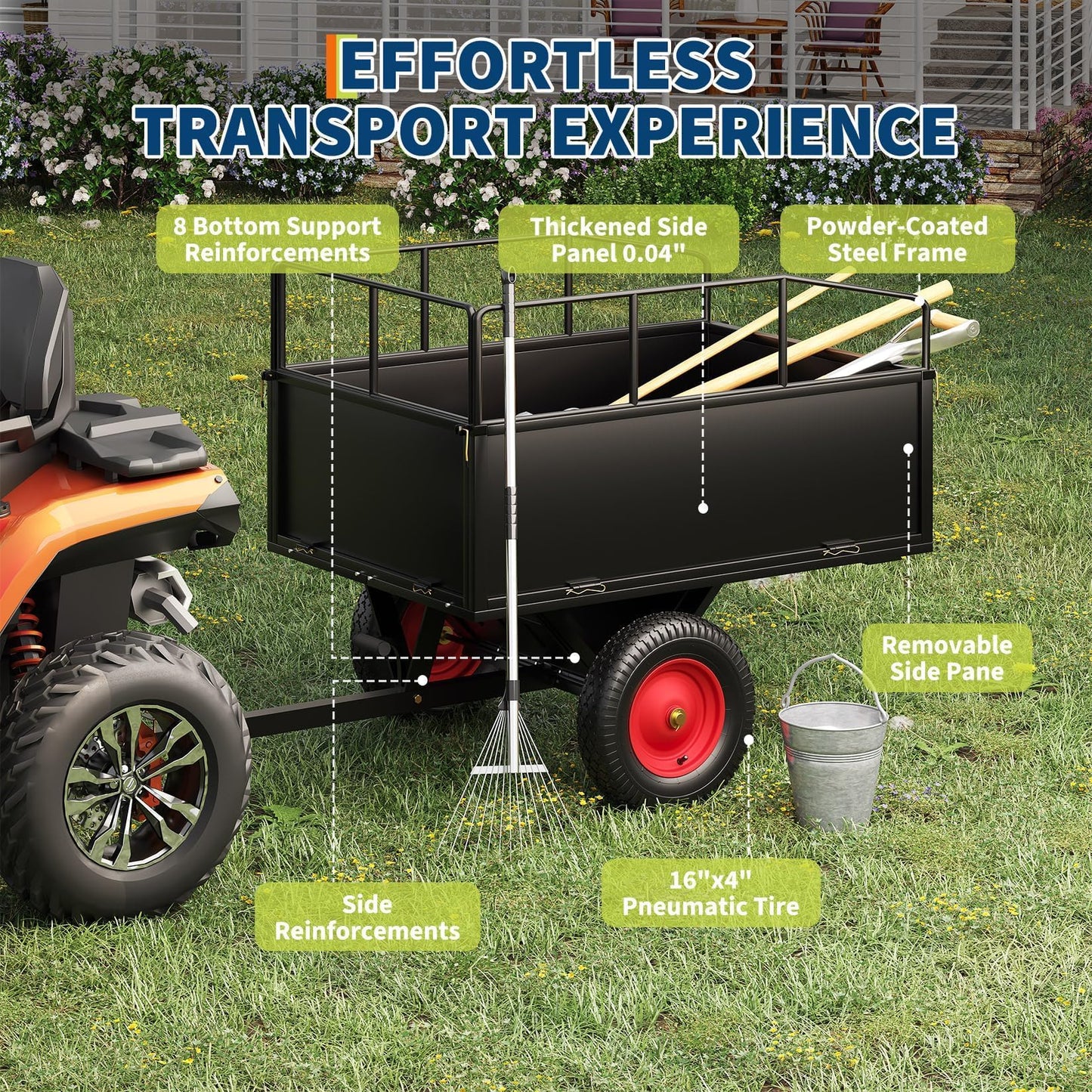 750 lbs 17 Cubic Feet Steel Dump Cart Trailer with Removable Sides, All Terrain Tires for Lawn Mower, Tractor, ATV | Heavy Duty Yard Garden & Farm Utility Trailer for Hauling Rocks, Soil, Debris