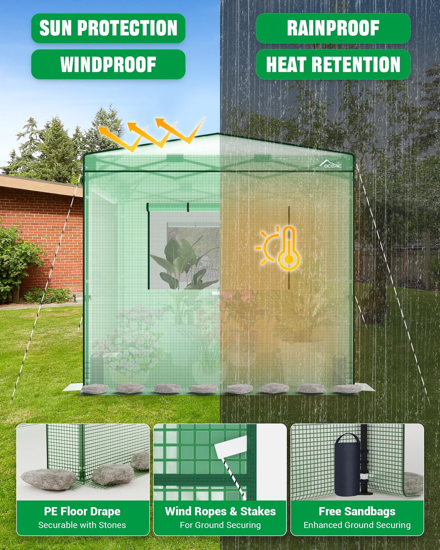 Acepic 8x8 Instant Pop up Greenhouses, Indoor Outdoor Portable Greenhouse Walk-in for All Season, Small Green House with Roll-Up Zipper Doors and Side Windows, 4 Sandbags, Pe Cover, Green/Clear