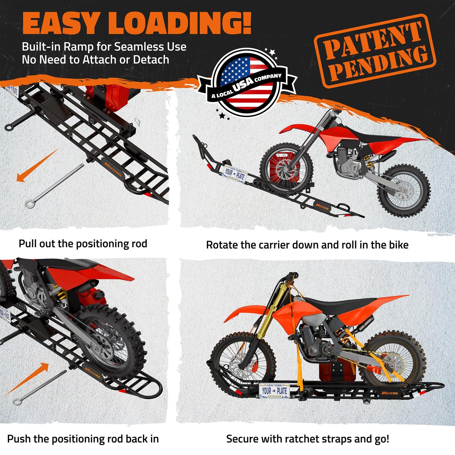 Mockins 83" Tilting Dirt Bike Carrier Hitch Mount Rack | 500 Lbs. Capacity eBike Rack with Ramp for Up to 5.5"W Tires | Small Motorcycle Hitch Carrier Set w/ License Plate Holder, Stabilizer, & Straps