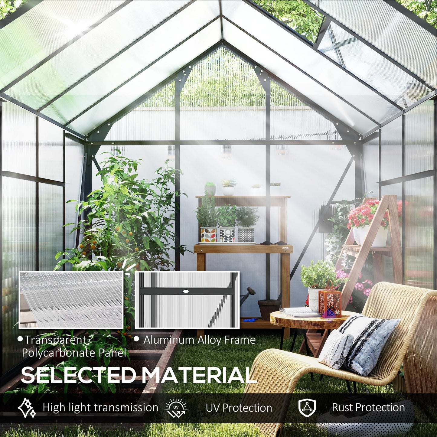 Outsunny 6' x 8' Greenhouse for Outdoors, Polycarbonate Greenhouse with Rain Gutter and Roof Vent, Aluminum Walk-in Green Houses with Push Door for Outside for Patio Backyard Garden, Gray