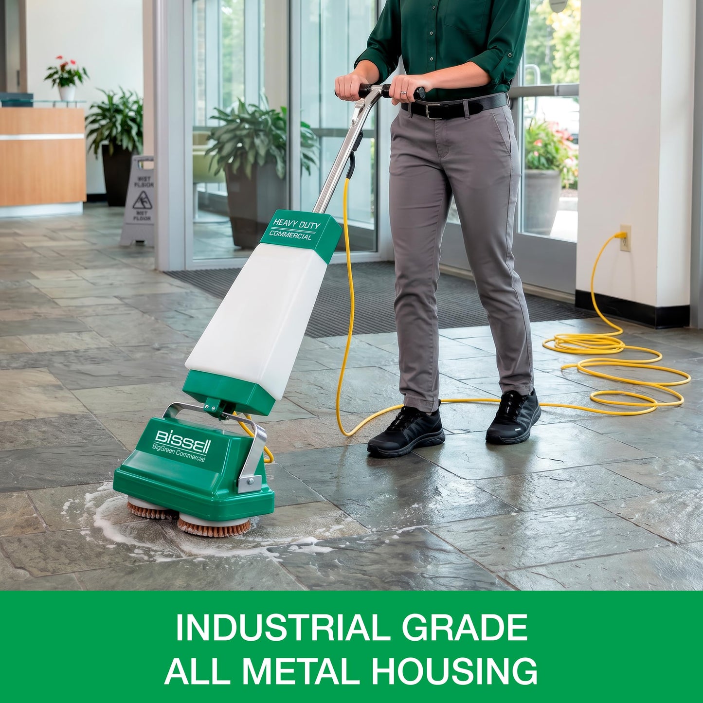 Bissell BigGreen BGFS5000 Portable Two Brush Floor Scrubber & Polisher, Polypropylene, 13"" W x 7"" D x 44"" H, White & Green