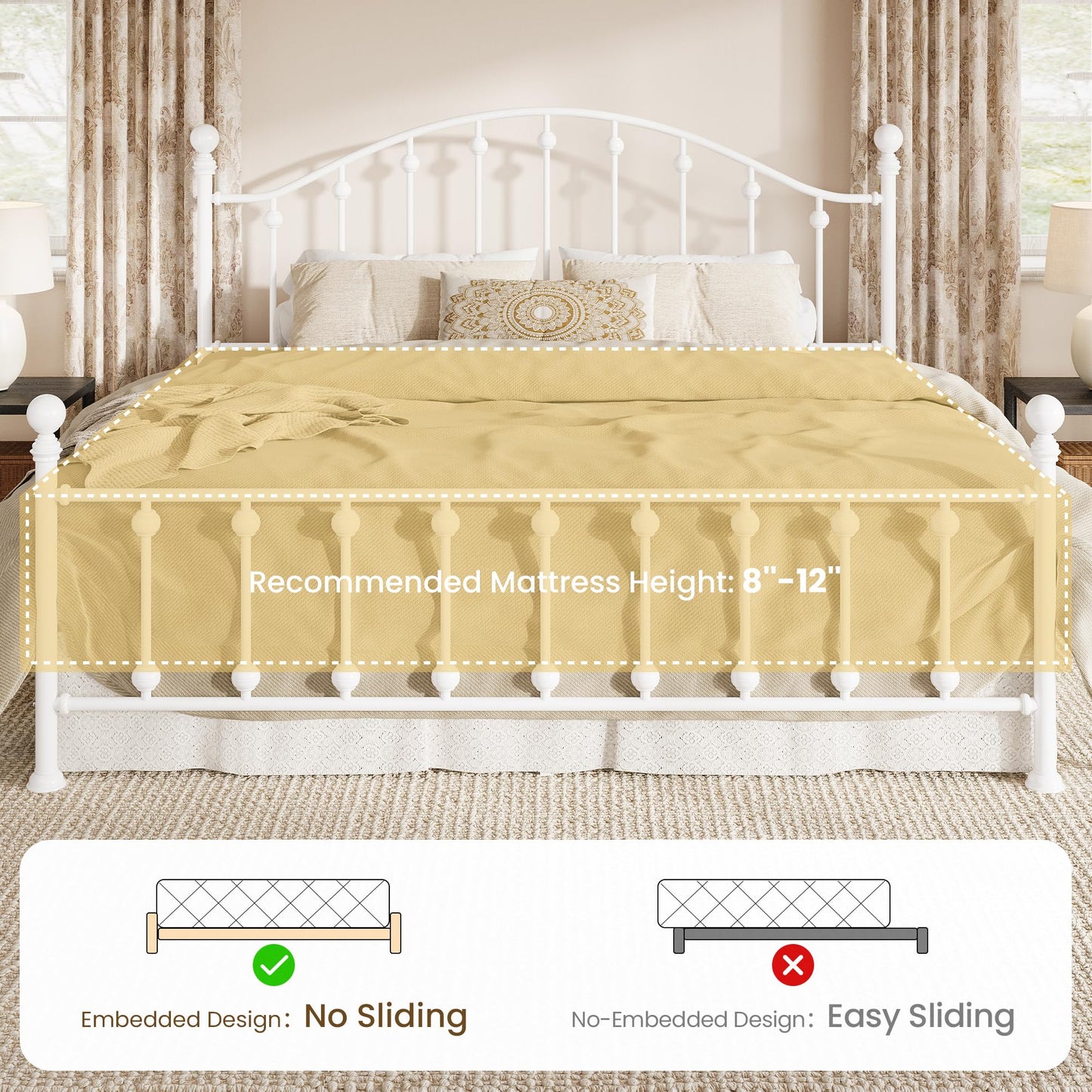 SHA CERLIN King Metal Bed Frame, Victorian Style Platform Bed with Curved Headboard and Classic Footboard, No Box Spring Needed, White
