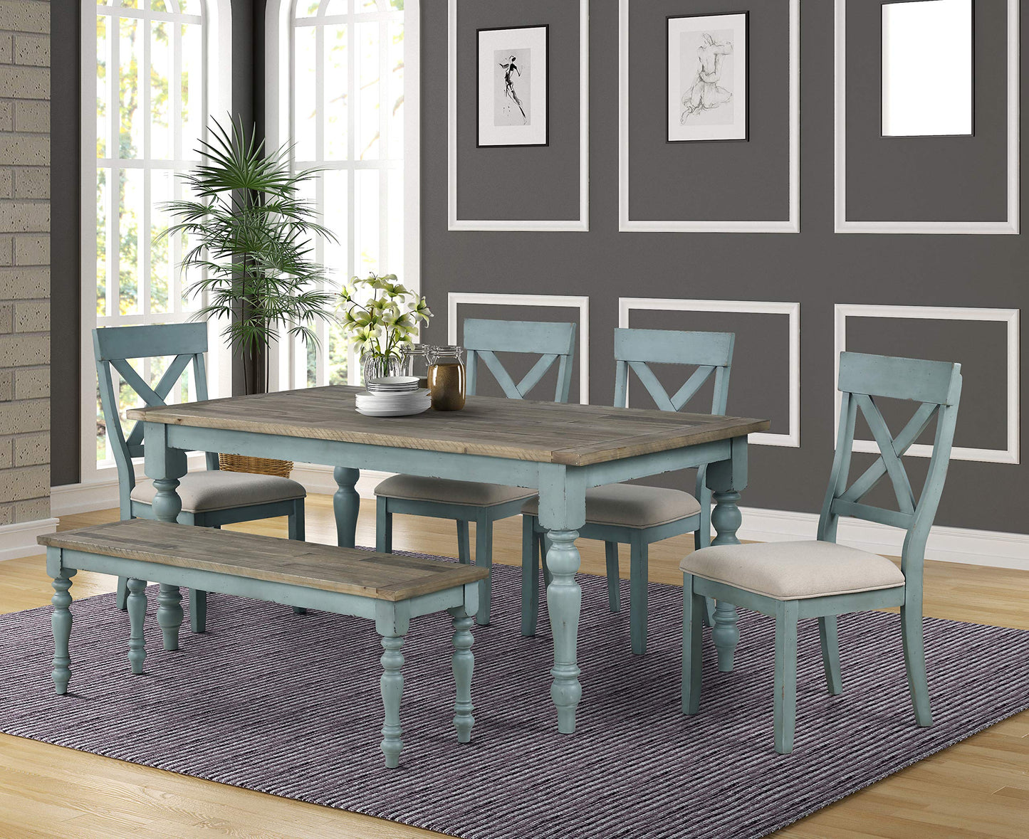 Roundhill Furniture Prato Two-Tone Finish Wood Dining Table, Blue and Brown