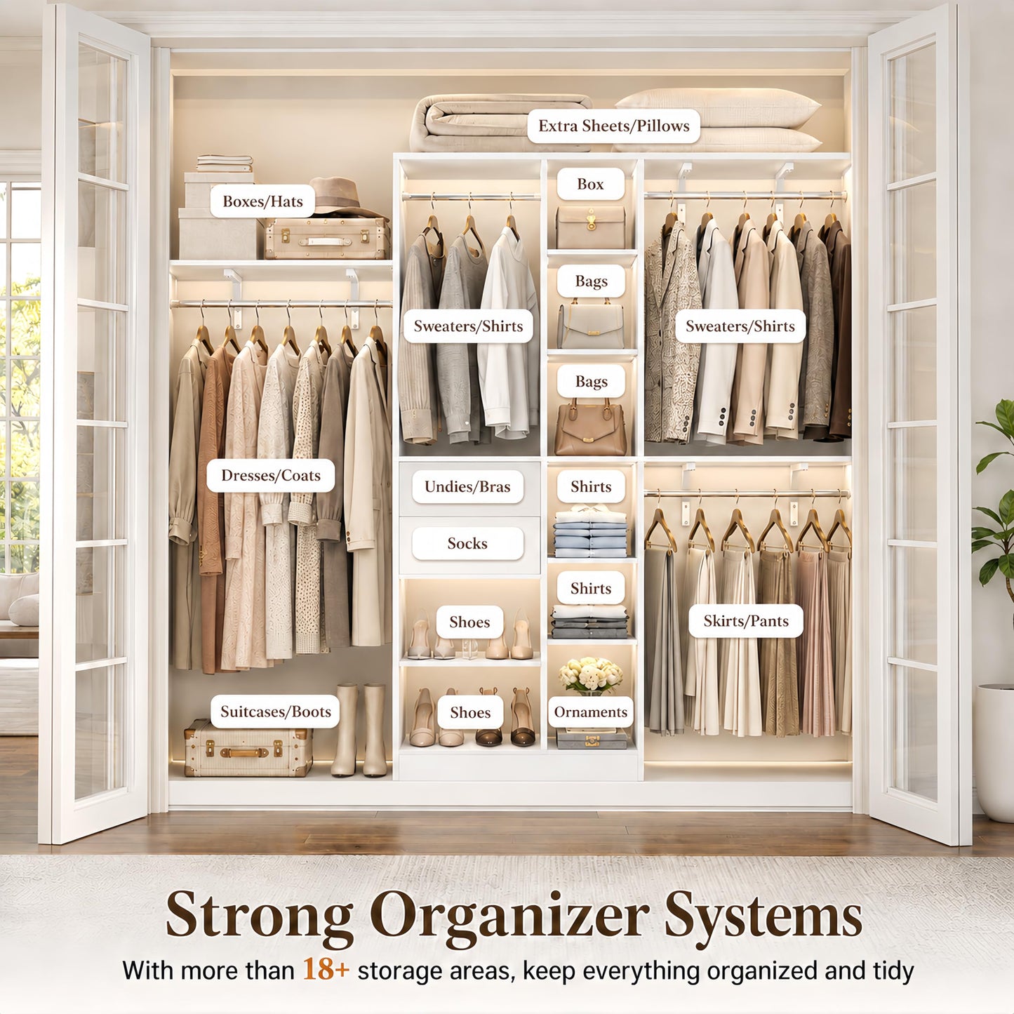 Upgraded 96 Closet System with 18 Storage Place, 8FT Closet Organizers System with 13 Shelves and 2 Wooden Drawers, 96'' Walk-in Closet with 4 Hanging Rods, Adjustable Garment Rack, White