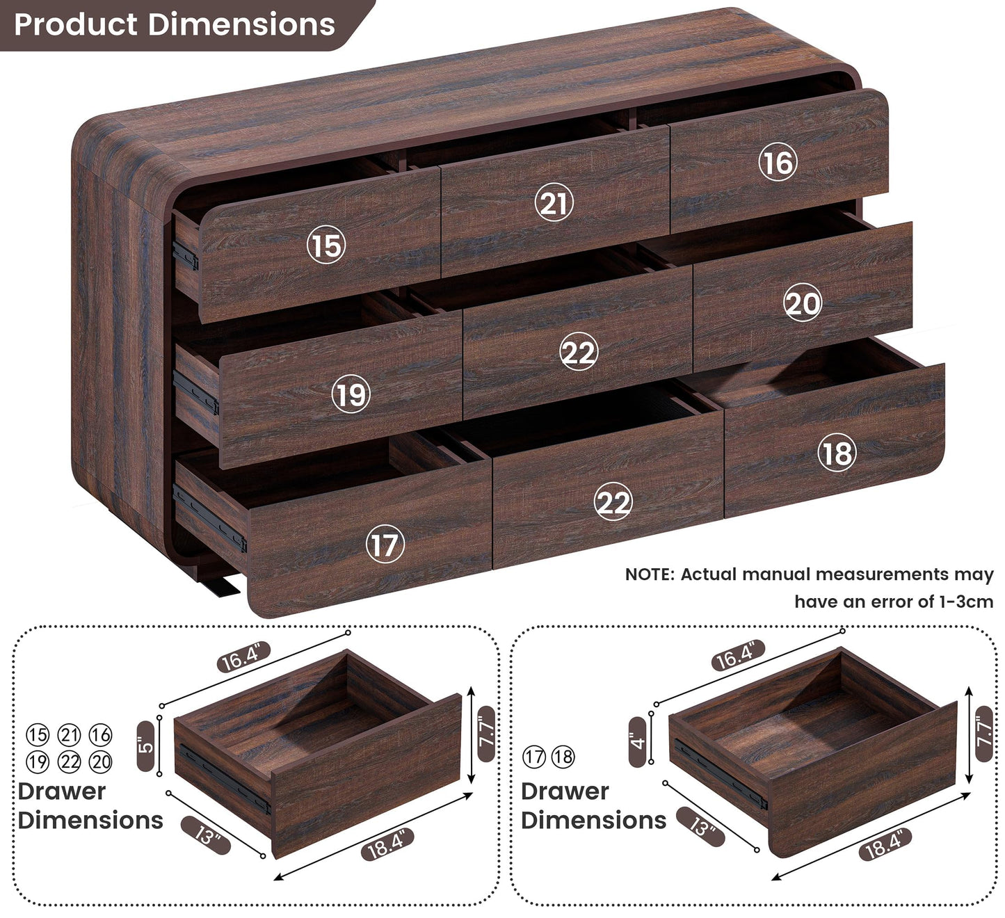 Standifurno 9 Drawer Double Dresser for Bedroom, Modern Curved Wood Chest Drawers of Handleless, Large Storage Dresser Bedroom, Living Room, Entryway, Walnut