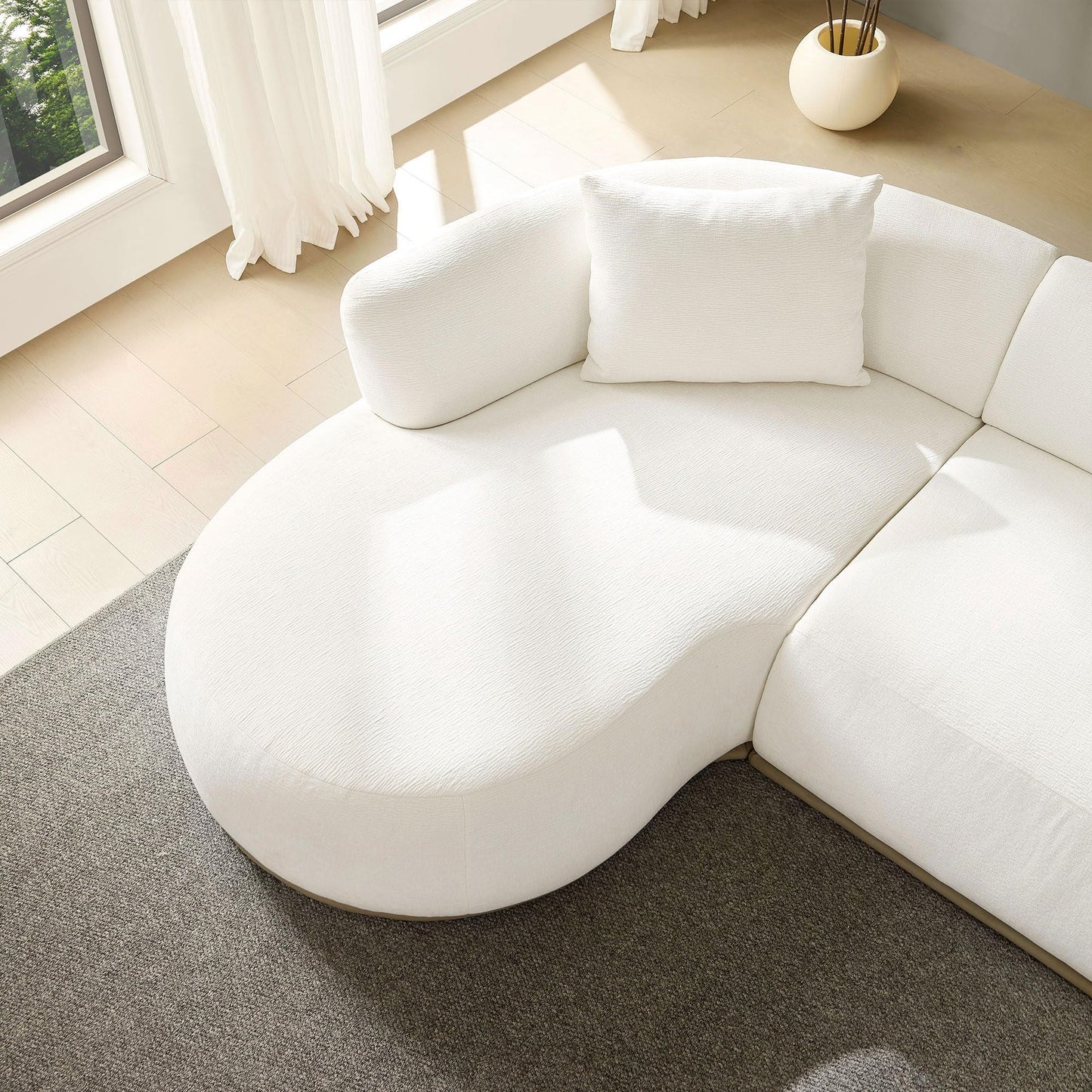 KEIKI 135" L-Shaped Oversized Boucle Sectional Sofa with Left Chaise, Modern 5-Seater Polyester Curved Couch with PU Leather Base & 6 Decorative Pillows, No Assembly Required, for Living Room, Beige