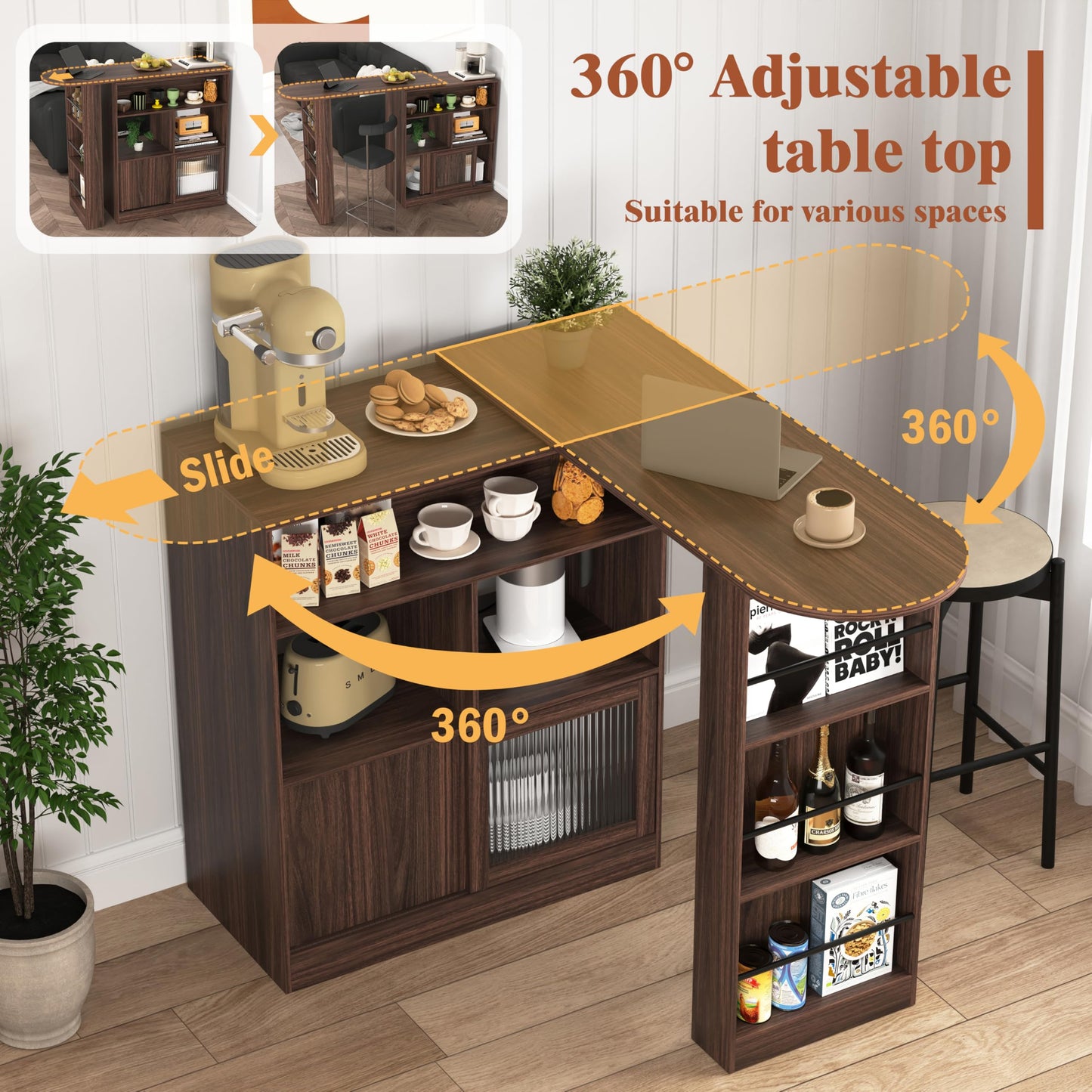 GDFStudio Modern Bar Cabinet with Rotating Top, Counter-Height Kitchen Dining Cabinet with 2 Ribbed Glass Doors & 6 Storage Shelves, Home Bar with Shelves, Living Room Storage Furniture, Walnut Brown