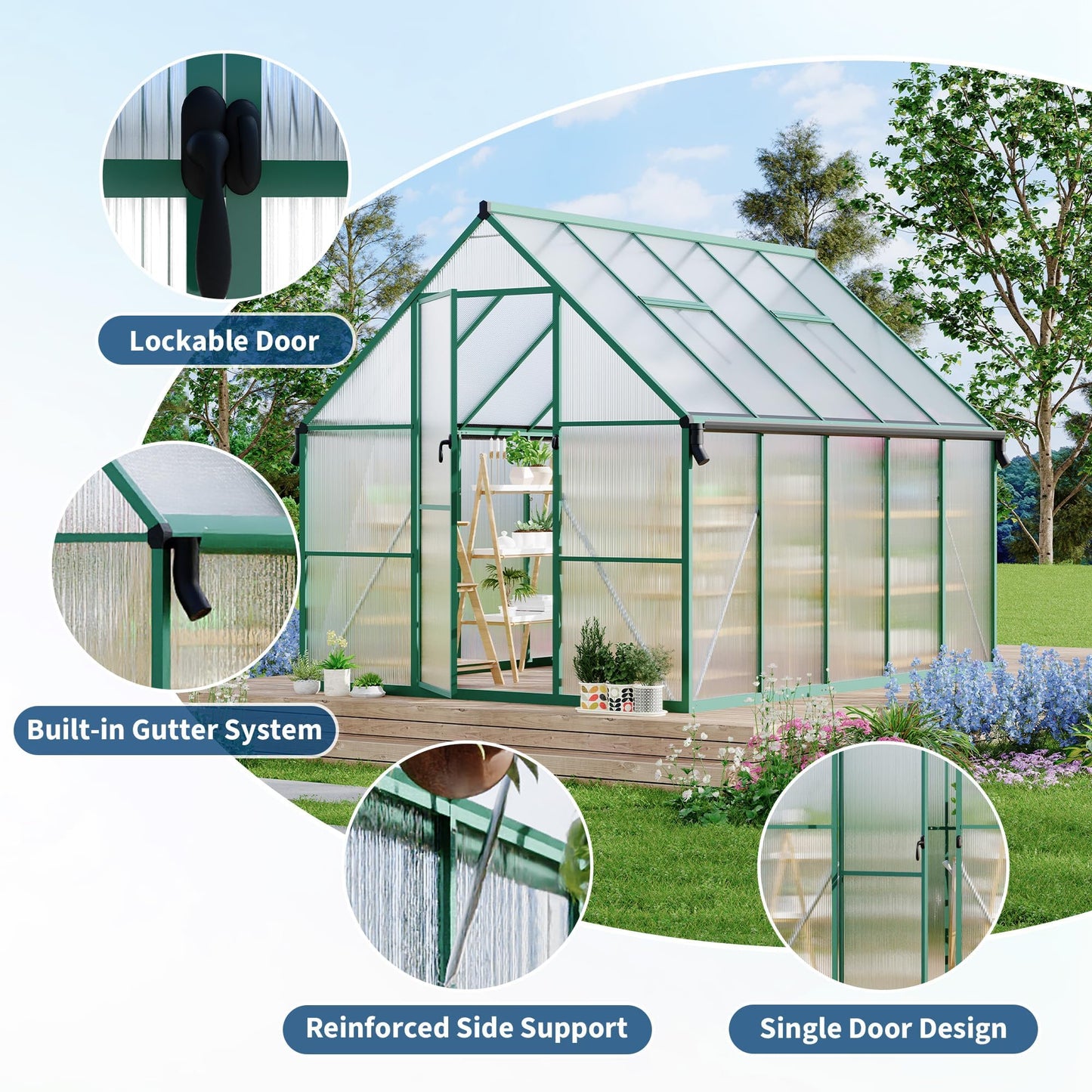 CABIHOME 8x10 FT Outdoor Greenhouse, Polycarbonate Greenhouse with Roof Vent and Ground Nails, Aluminum Large Walk-in Green House w/ Lockable Push Door for Outdoor Garden (Olive, 8x10 FT)