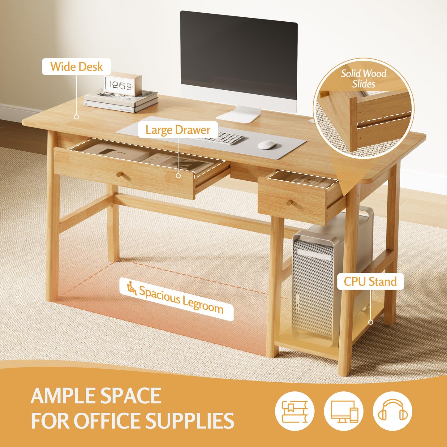 NELYE Solid Wood Desk with Drawer - 58 Inch Modern Writing and Computing Workstation for Home Office in Oak