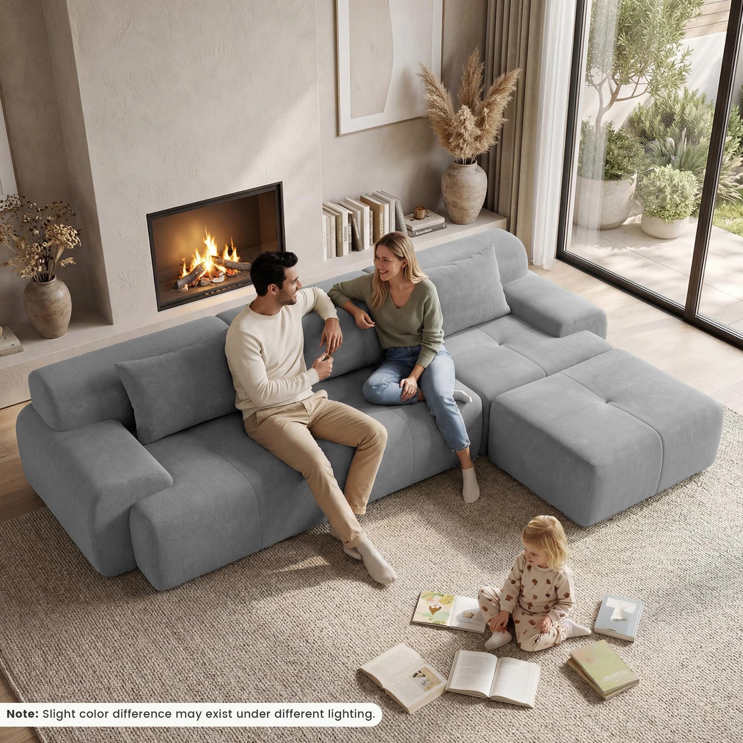 GRUSIGN 108'' Modular Sectional Boneless Couch, Tufted Cloud Sectional Couches for Living Room, L Shape Deep Seat Sofa with Ottoman & 3 Throw Pillows,Corduroy Oversized Couch,Light Grey