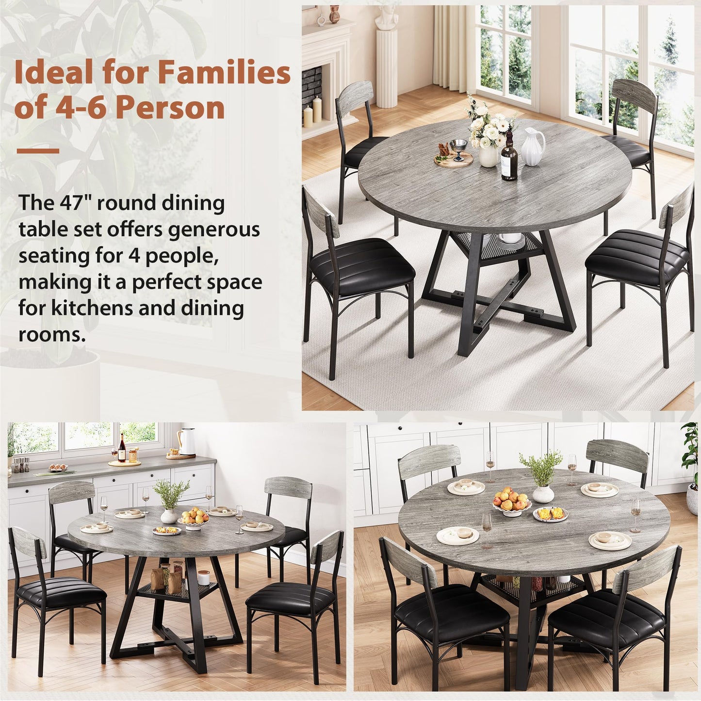 Round Dining Table Set for 4, Kitchen Table and Chairs for 4, Circle Table Round Pedestal Dining Room Dinner Dinette Table Set,5 Piece Space Saving Wood Kitchen & Dining Room Tables (Grey, 42In)