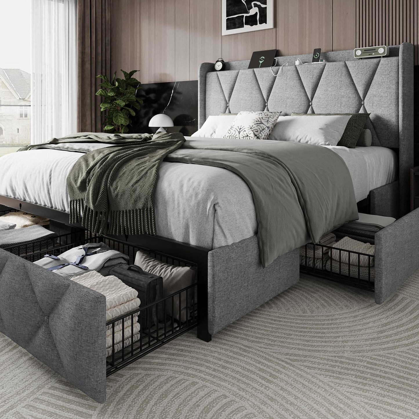 Einhomn Full Size Bed Frame with 4 Storage Drawers and Charging Station, Upholstered Platform Bed Frame with Storage Headboard, No Box Spring Needed, Easy Assembly, Light Grey