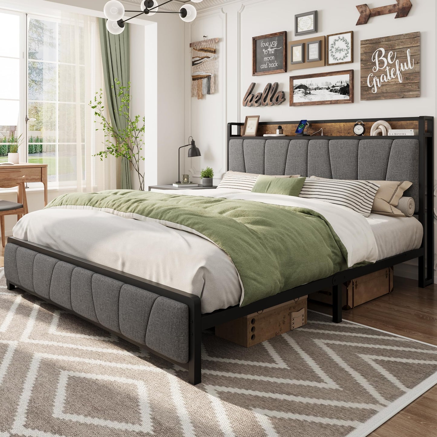 GarveeHome King Size Bed Frame with 2 Storage Drawers and Charging Station, Rustic Linen Upholstered Platform Bedframe with Storage Headboard, No Box Spring Needed, Easy Assembly, Noise Free, Grey