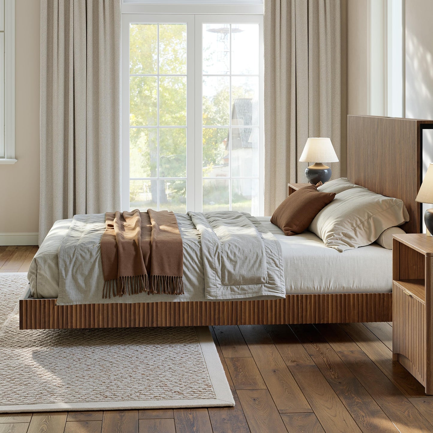 Evermagin Walnut Queen Floating Bed Frame with Headboard, Mid Century Modern Fluted Platform Bed with LED Lights, Heavy Duty Floating Bedframe with Charging Station, No Box Spring Needed