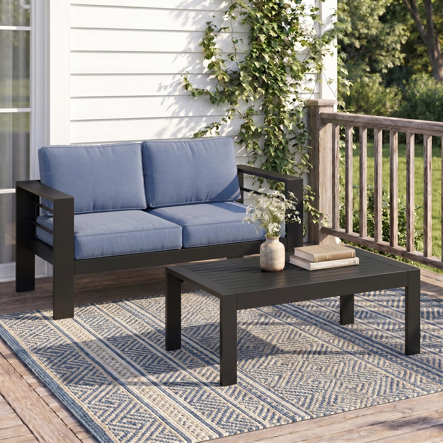 Solaste Aluminum Outdoor Loveseat with Coffee Table,2 PCS Patio Furniture Set with Cushions, All-Weather Outdoor Patio Sofa Sets for Balcony, Deck, Backyard, Porch, Garden, Blue