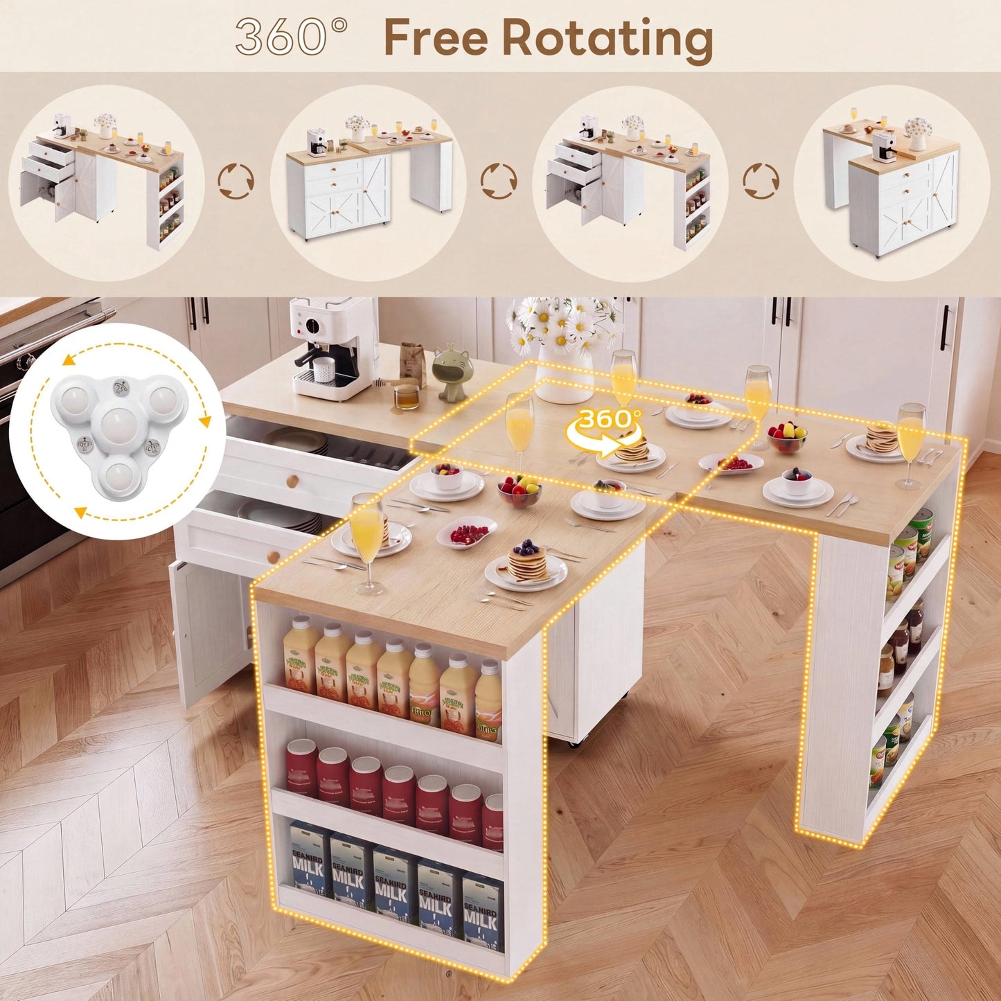 IRONCK Kitchen Island with 360° Swivel Table, Rolling Island with Storage, Kitchen Cart with Spacious Drawer, Storage Cabinets and Spice Rack for Home, Dining Room