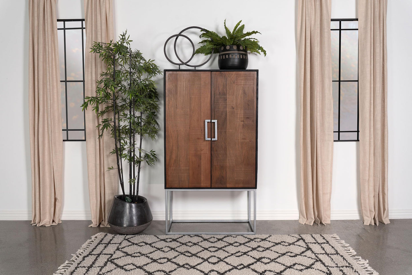 Coaster Home Furnishings - Borman - Wood and Metal - 2-Door Home Bar Cabinet with Wine Bottle Storage, Drawer, and Fixed Shelves - Dining Room & Living Room - 36-Inch - Walnut and Black - 950318