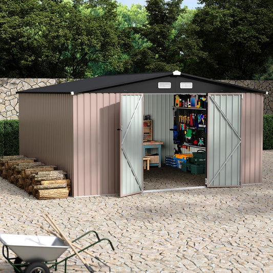 12X12 Ft Outdoor Storage Shed, Galvanized Steel Metal Tool Shed with Secure Lockable Door & Air Ventilation System, Rust-Resistant Utility Shed for Garden, Backyard, Easy Assembly & All-Season Use