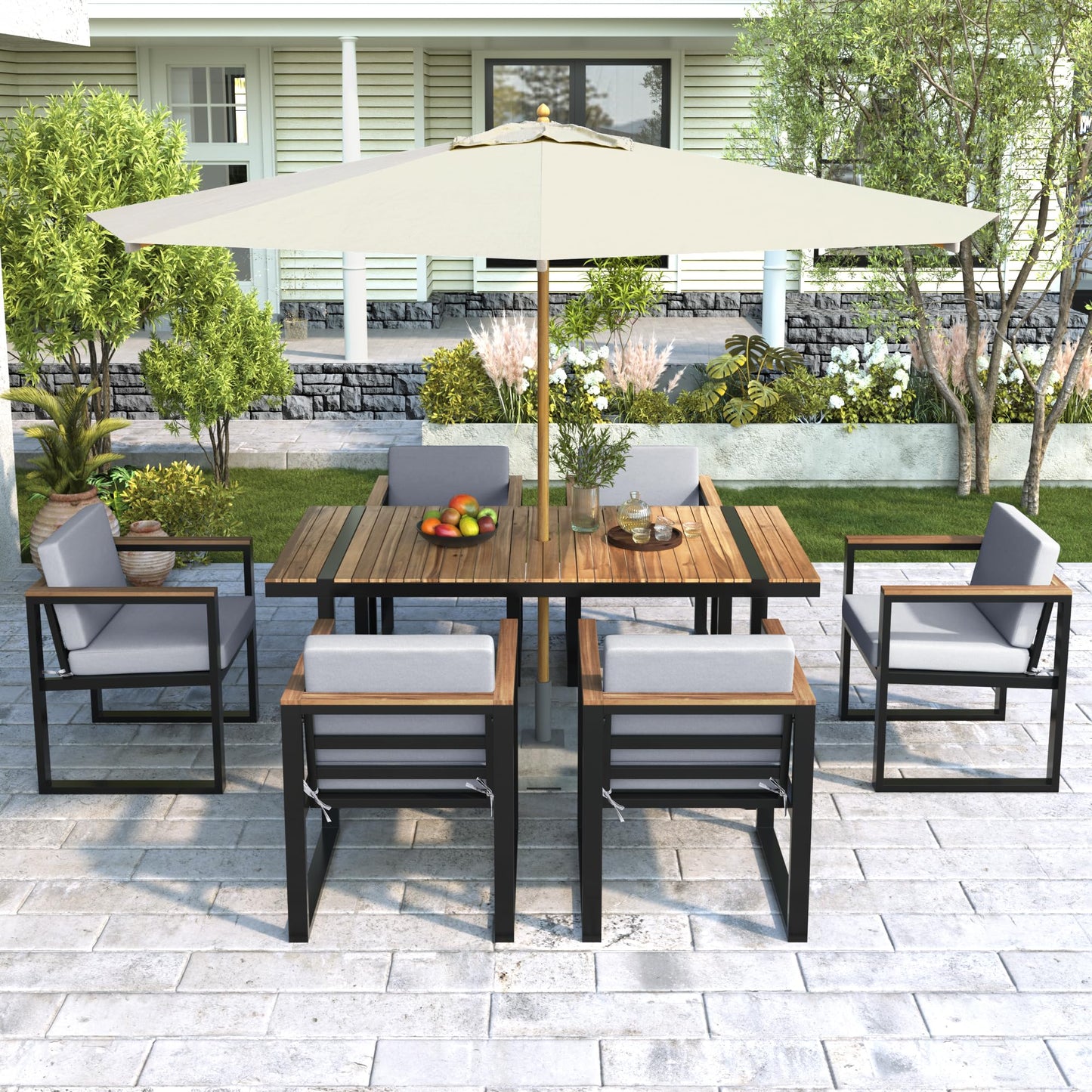 Outdoor Patio Sofa Set 4-Piece with Cushions, Woven Rope Design Seating, Acacia Wood & Steel Frame, Water-Resistant Fabric, 3-Seat Couch, Chairs & Dual-Layer Coffee Table for Garden Balcony, Grey