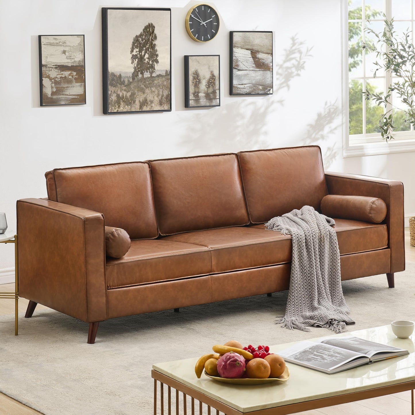 PeacefulHues 81" Leather Sofa, Mid-Century Modern Deep Seat Couch, PU Leather Couch, 3-Seat Sofa for Living Room, Office, Brown