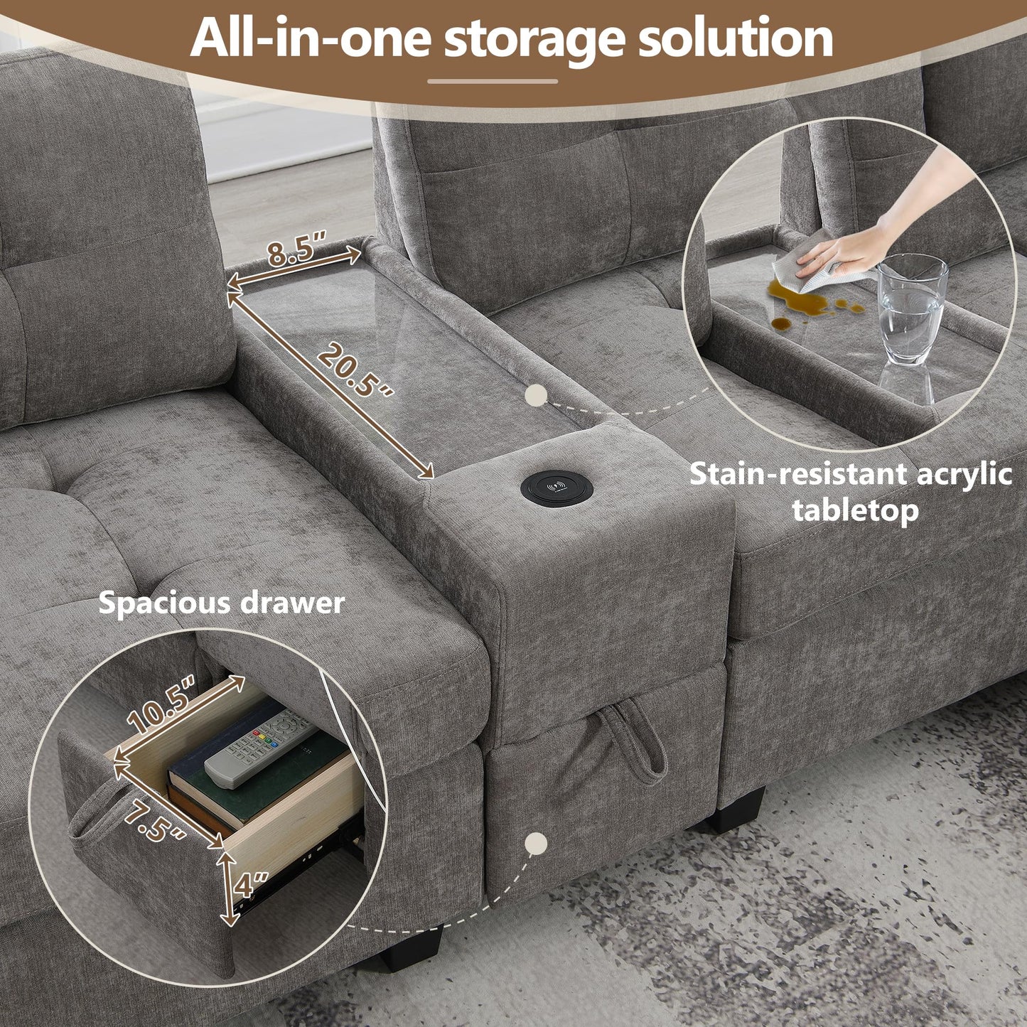 ERYE 104-Inch Oversized Tufted Corner Sectional Sofa 6 Seat Modular Convertible Sofa Couches W/Charging Station, Movable Ottoman, Storage Console,Drawers for Home/Apartment