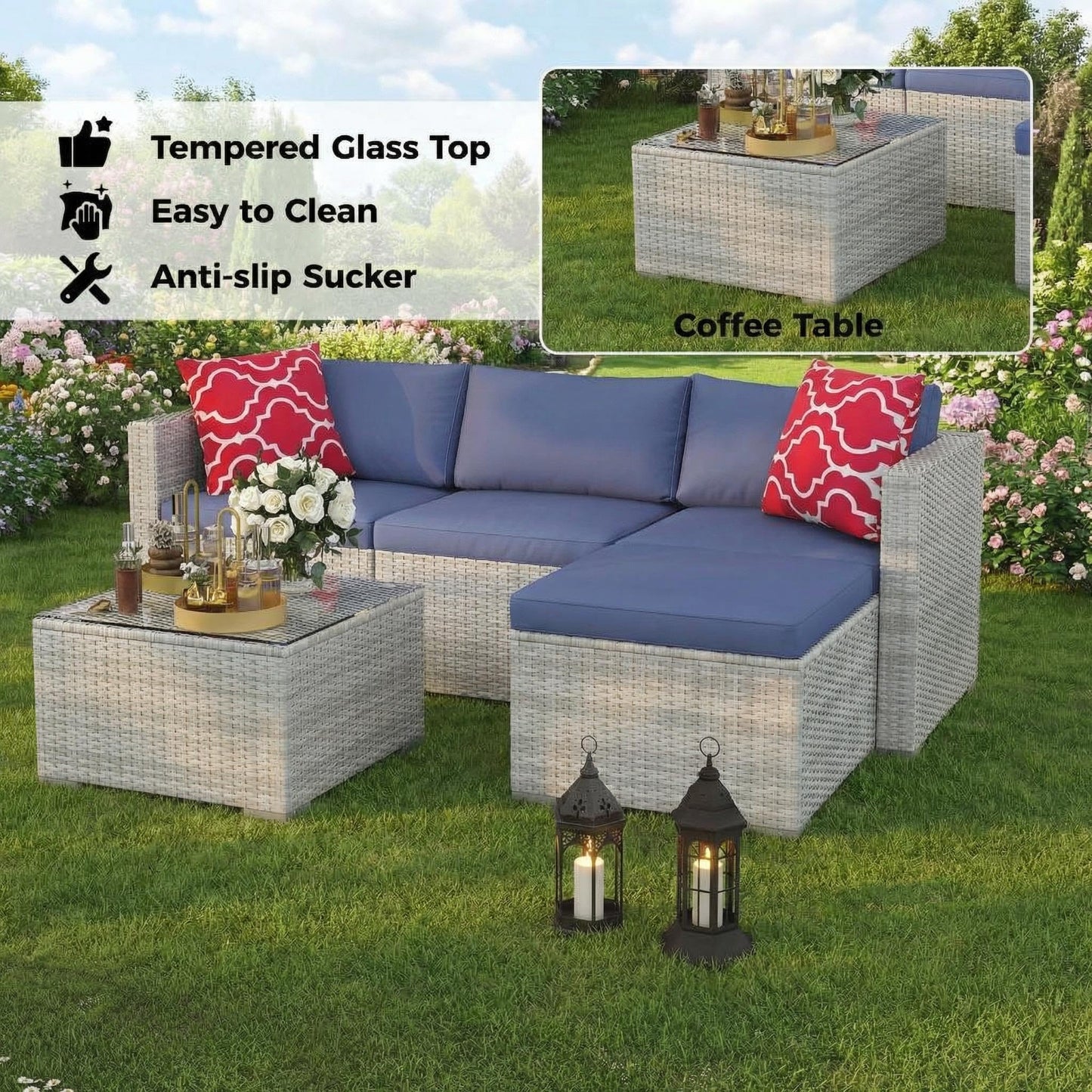 5-Piece L-Shaped Outdoor Patio Furniture Set,PE Wicker Sectional Sofa Set with Cushions and Tempered Glass Table,Steel Frame Conversation Set for Backyard,Poolside Gray Gradient Wicker / Blue Cushions