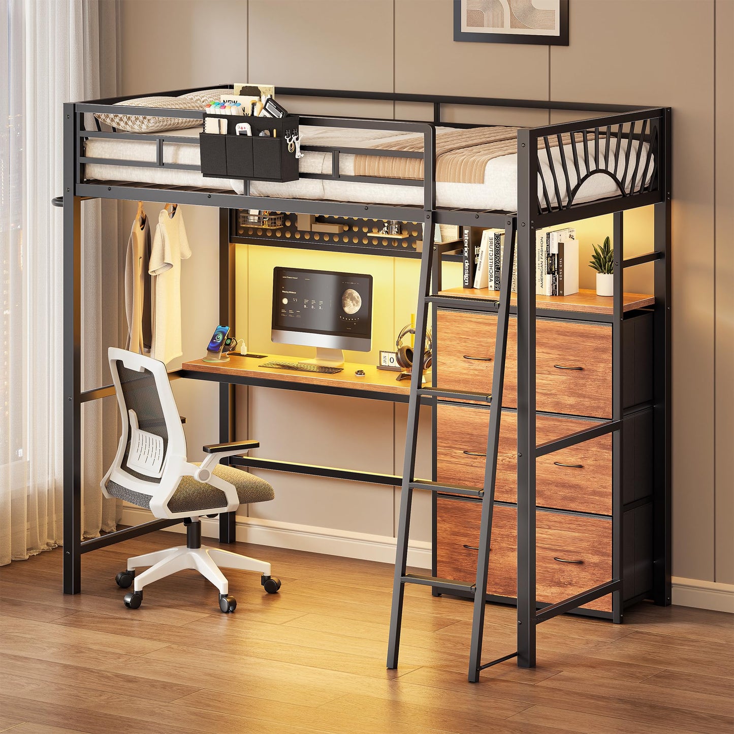 Decofy Twin Loft Bed with Desk and 6 Storage Drawers, Metal Twin Size Loft Beds with Charging Station, RGB LED Lights, and Pegboard & Hanging Rod for Kids, Teenager (Black)