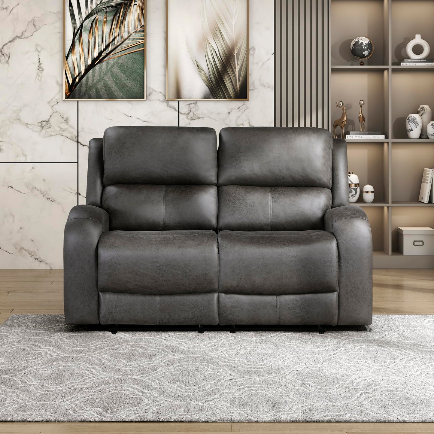 Lexicon 61.5'' Double Recliner Couch, Wall Hugger Sofa Recliners, Home Theater Seating Dual Reclining Couch, Love seat Recliner Manual Recliner Couches for Living Room/Bedroom/Office/Apartment, Grey