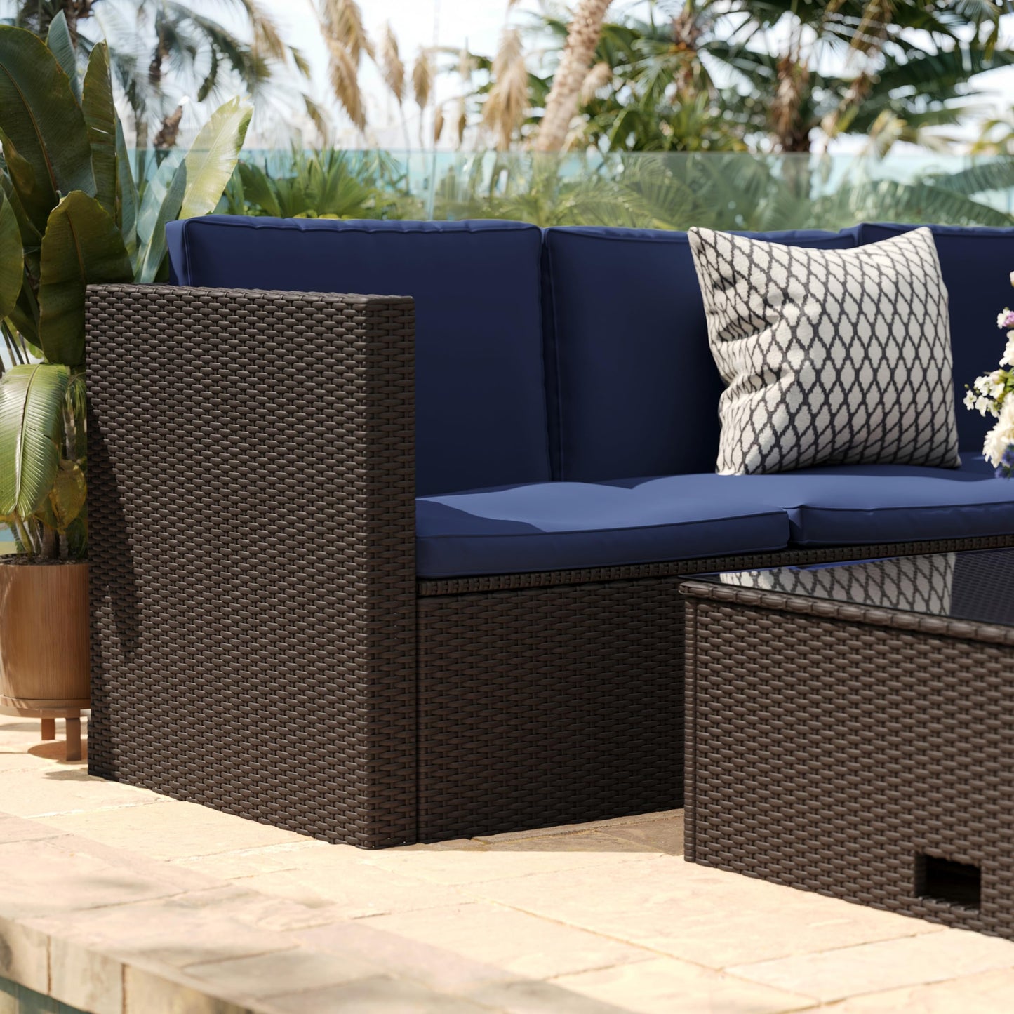 Flash Furniture Roan Patio Seating Set, Wicker PE Rattan Frame, L-Shaped Sectional with Side Lift Coffee Table Storage, Back and Seat Cushions, Brown/Navy