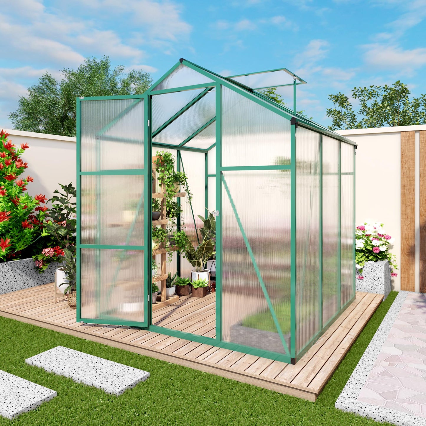YOPTO 6x6 FT Greenhouse,Outdoor Greenhouse W/ Roof Vent,Walk-in Aluminum Polycarbonate Green Houses W/ Drainage System & Ground Nails,for Outside Garden,Backyard,Patio,Lawn,Green